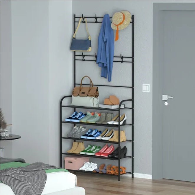 Entryway Coat & Shoe Storage Rack – Multi-Functional Hall Tree with Hooks, Shelves & Bench in black metal frame, holding coats, hats, bags, and shoes. Ideal for organizing entryways with modern, space-saving design.