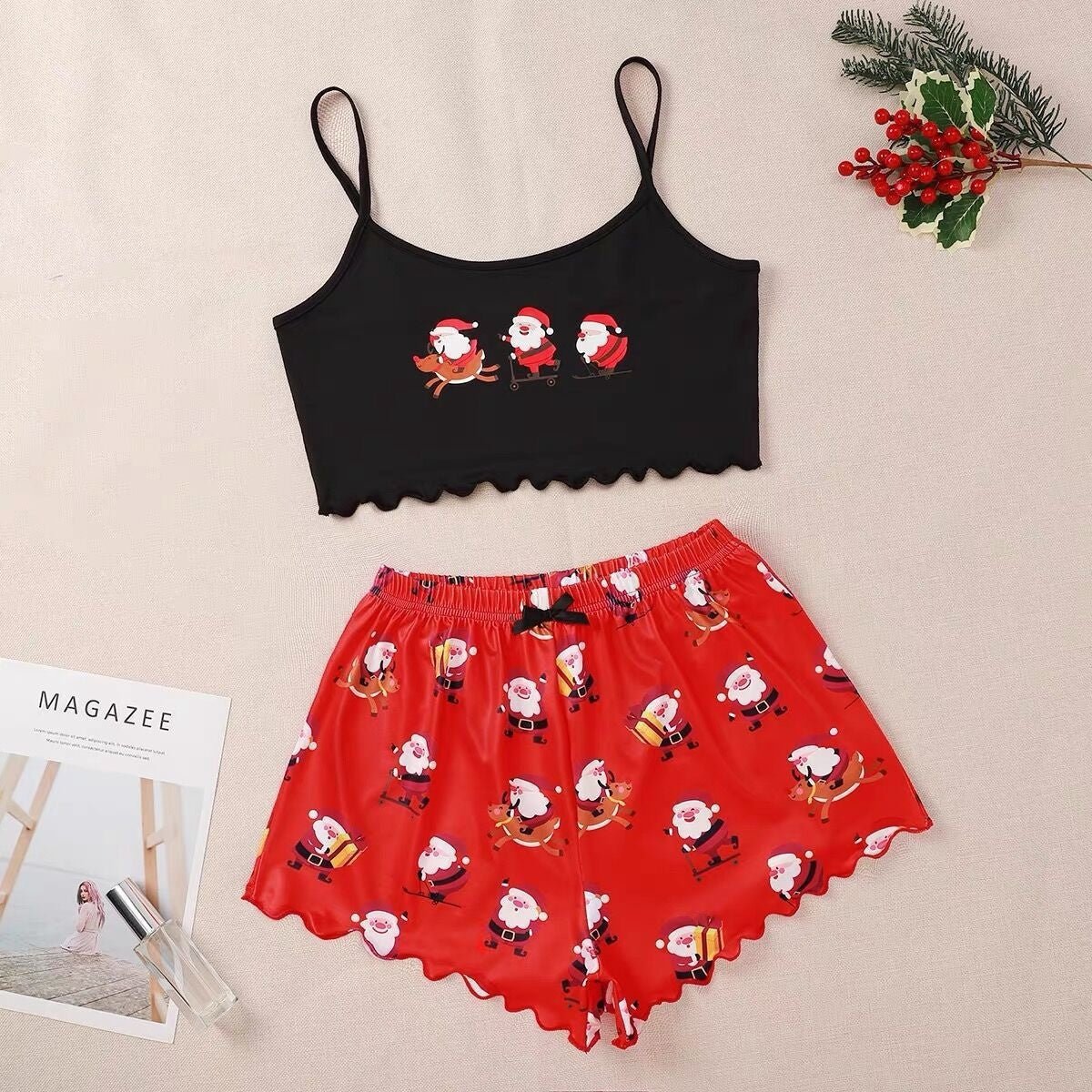 Festive Christmas Pajama Set – Holiday Camisole & Shorts Loungewear for Women - Knack'd Up