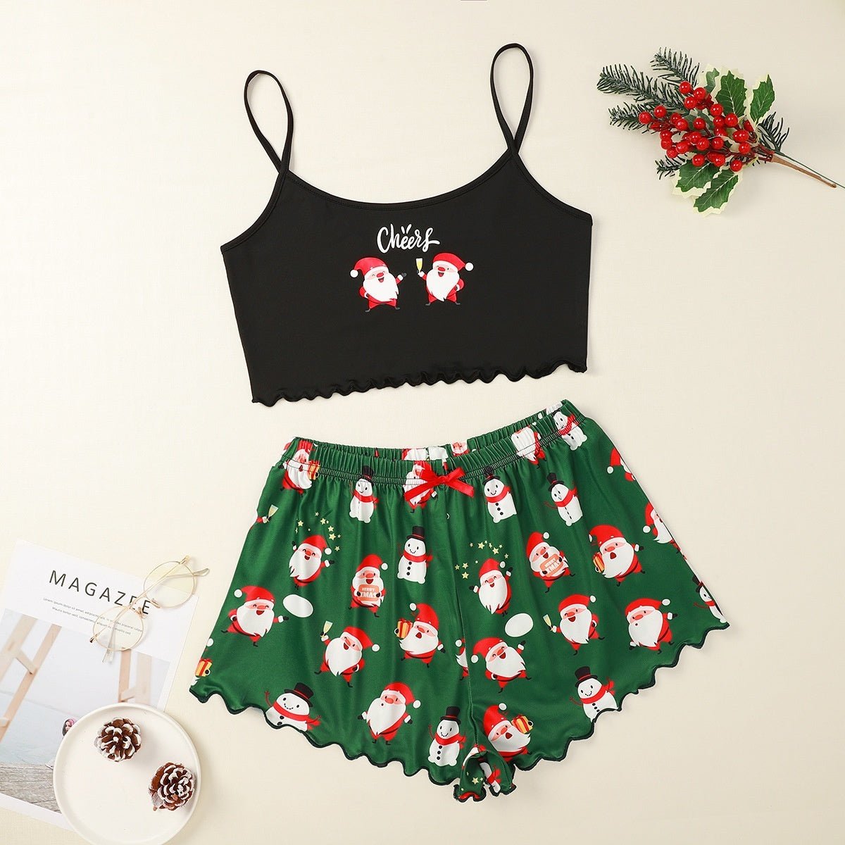 Festive Christmas Pajama Set – Holiday Camisole & Shorts Loungewear for Women - Knack'd Up