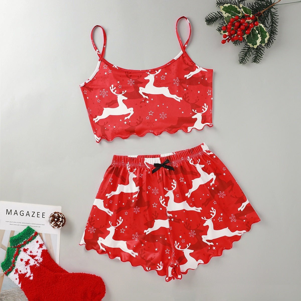 Festive Christmas Pajama Set – Holiday Camisole & Shorts Loungewear for Women - Knack'd Up