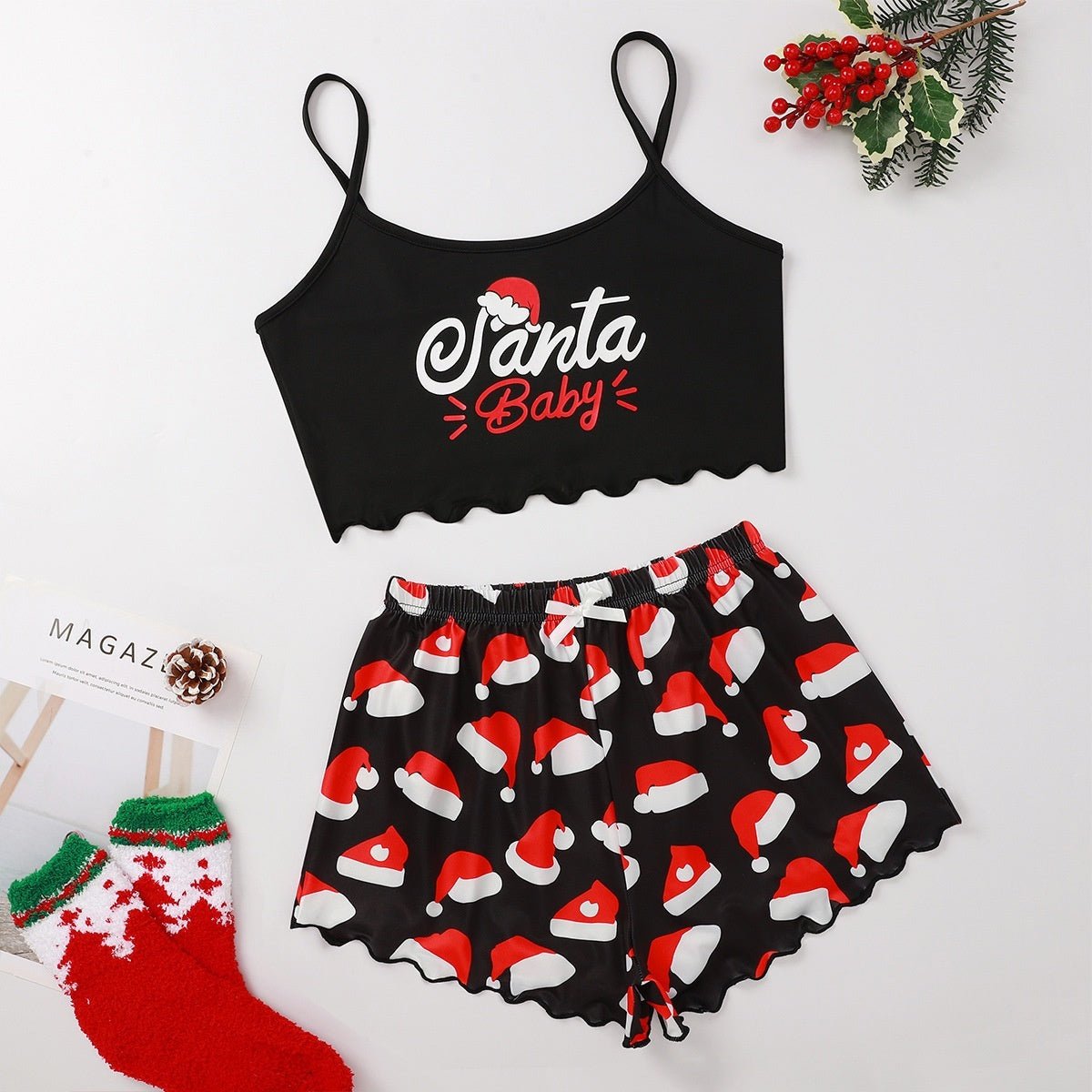 Festive Christmas Pajama Set – Holiday Camisole & Shorts Loungewear for Women - Knack'd Up