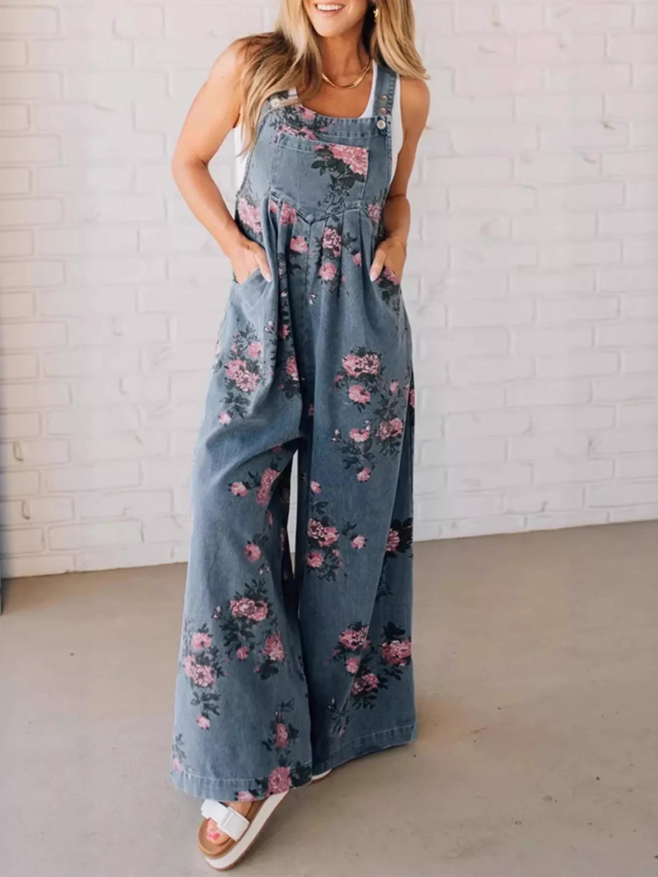 Floral Print Wide Leg Denim Overalls - Knack'd Up