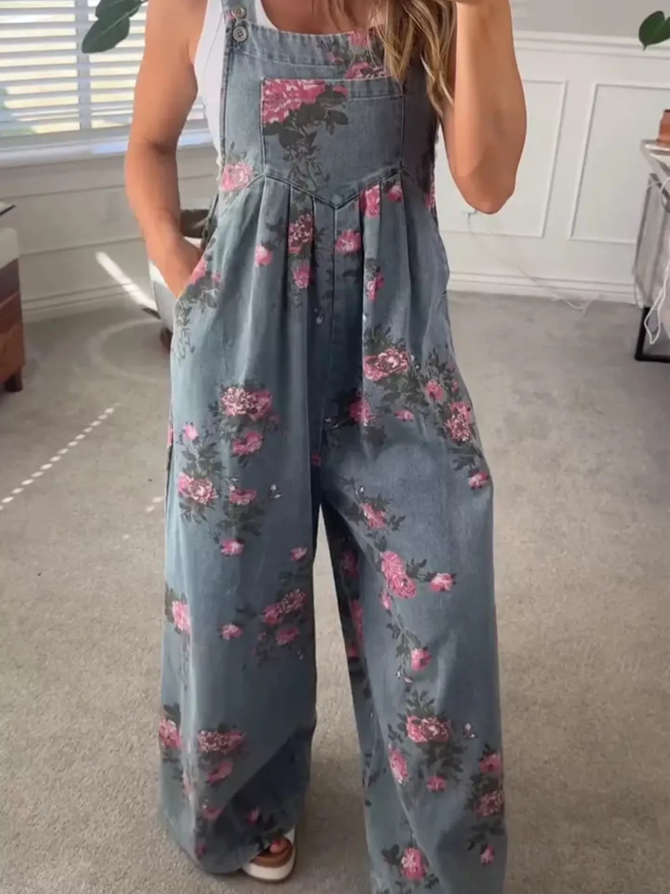 Floral Print Wide Leg Denim Overalls - Knack'd Up