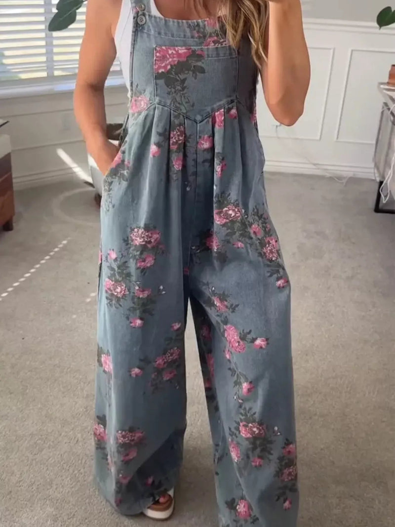 Floral Print Wide Leg Denim Overalls - Knack'd Up