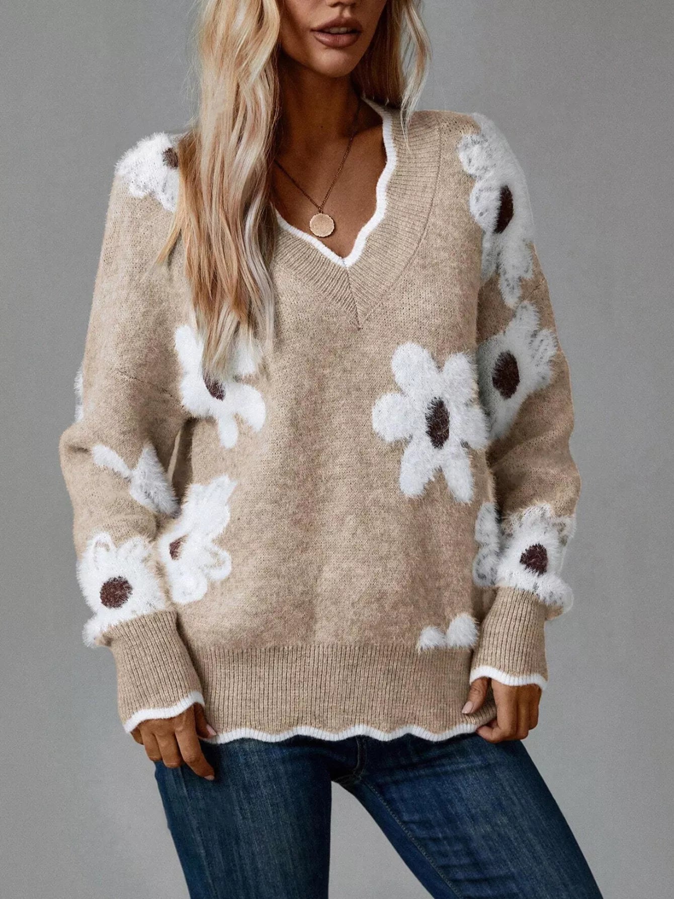 Floral V - Neck Long Sleeve Sweater - Knack'd Up