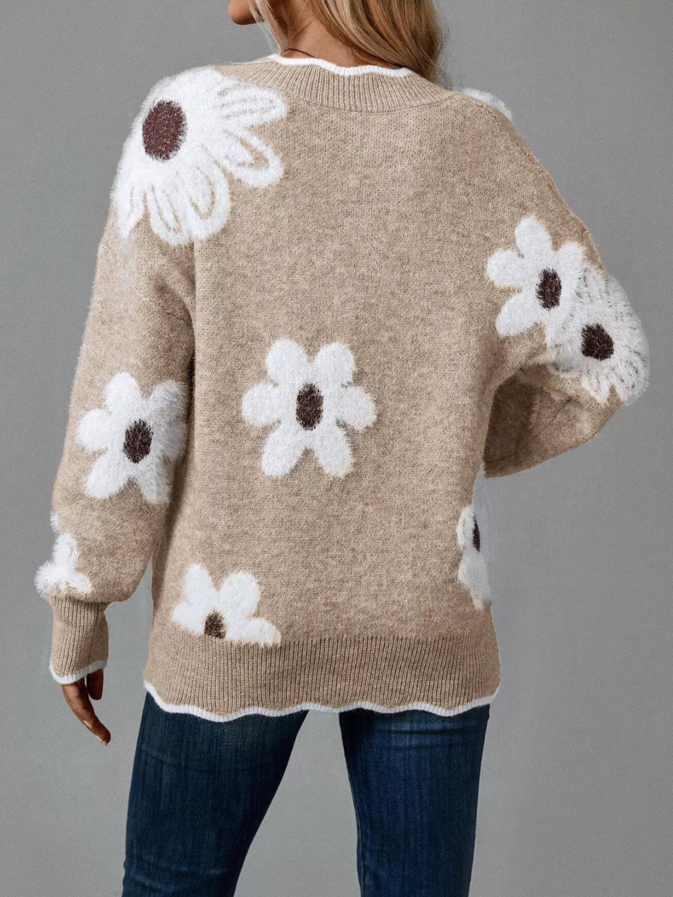 Floral V - Neck Long Sleeve Sweater - Knack'd Up