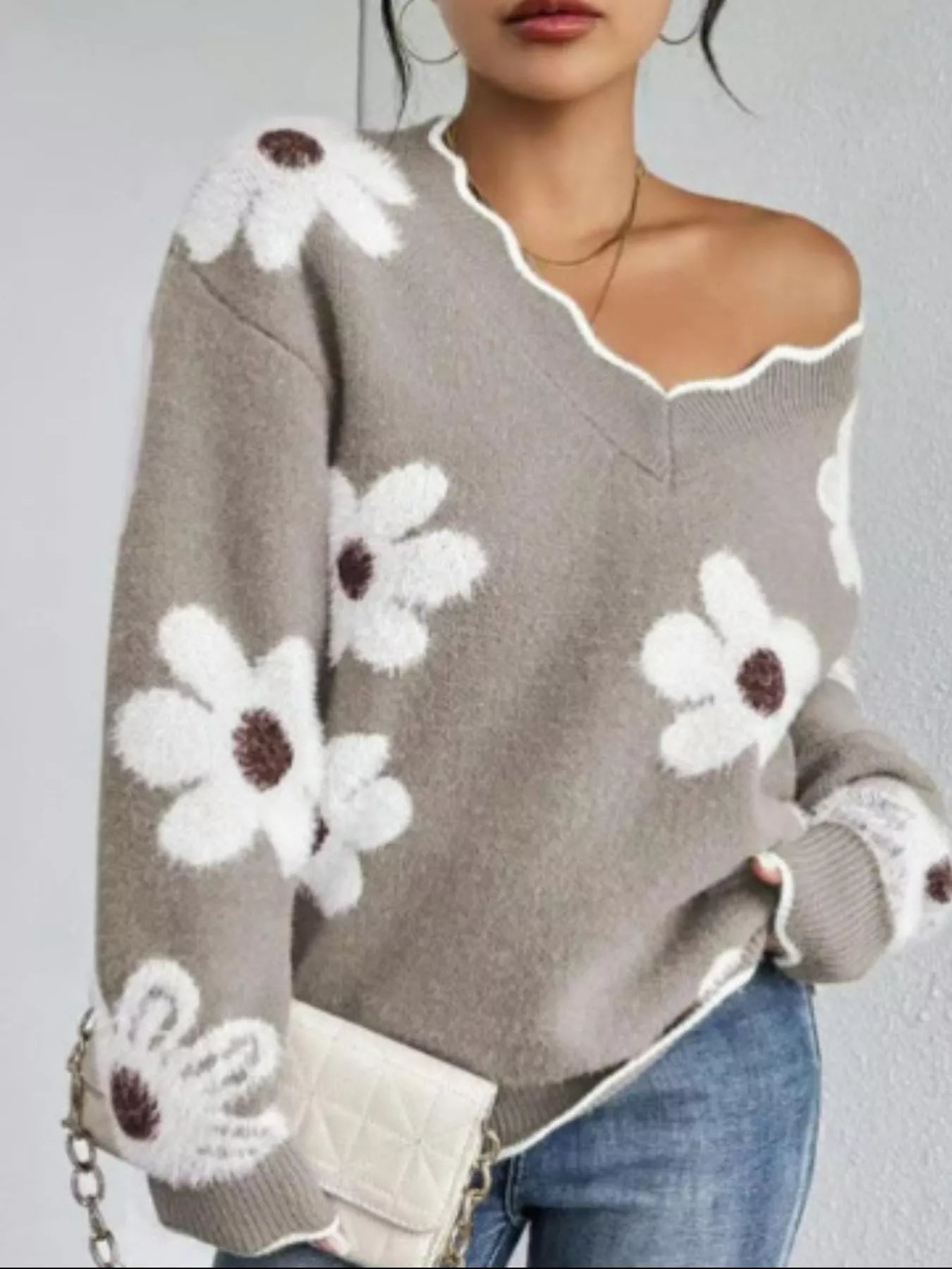 Floral V - Neck Long Sleeve Sweater - Knack'd Up
