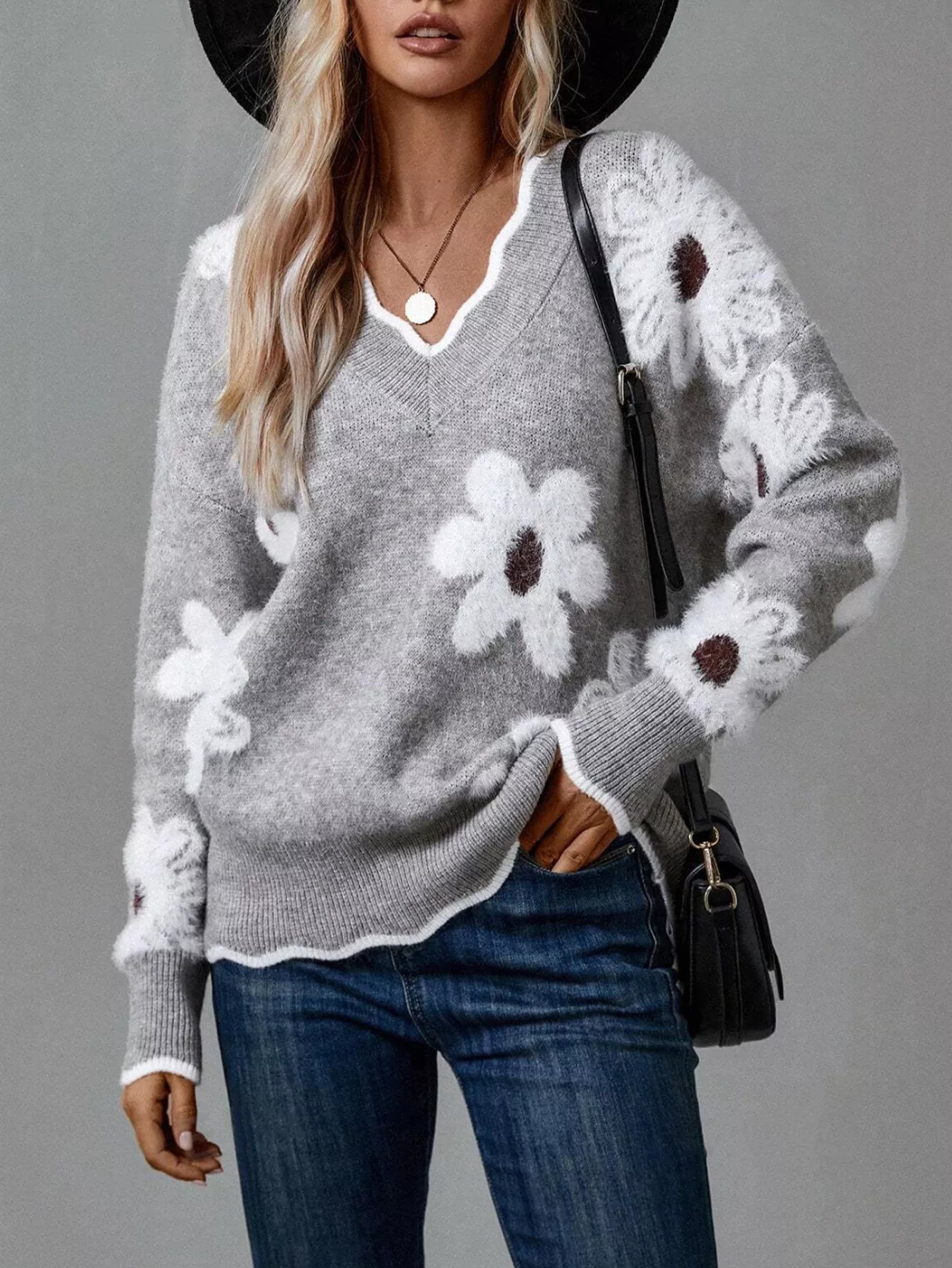 Floral V - Neck Long Sleeve Sweater - Knack'd Up