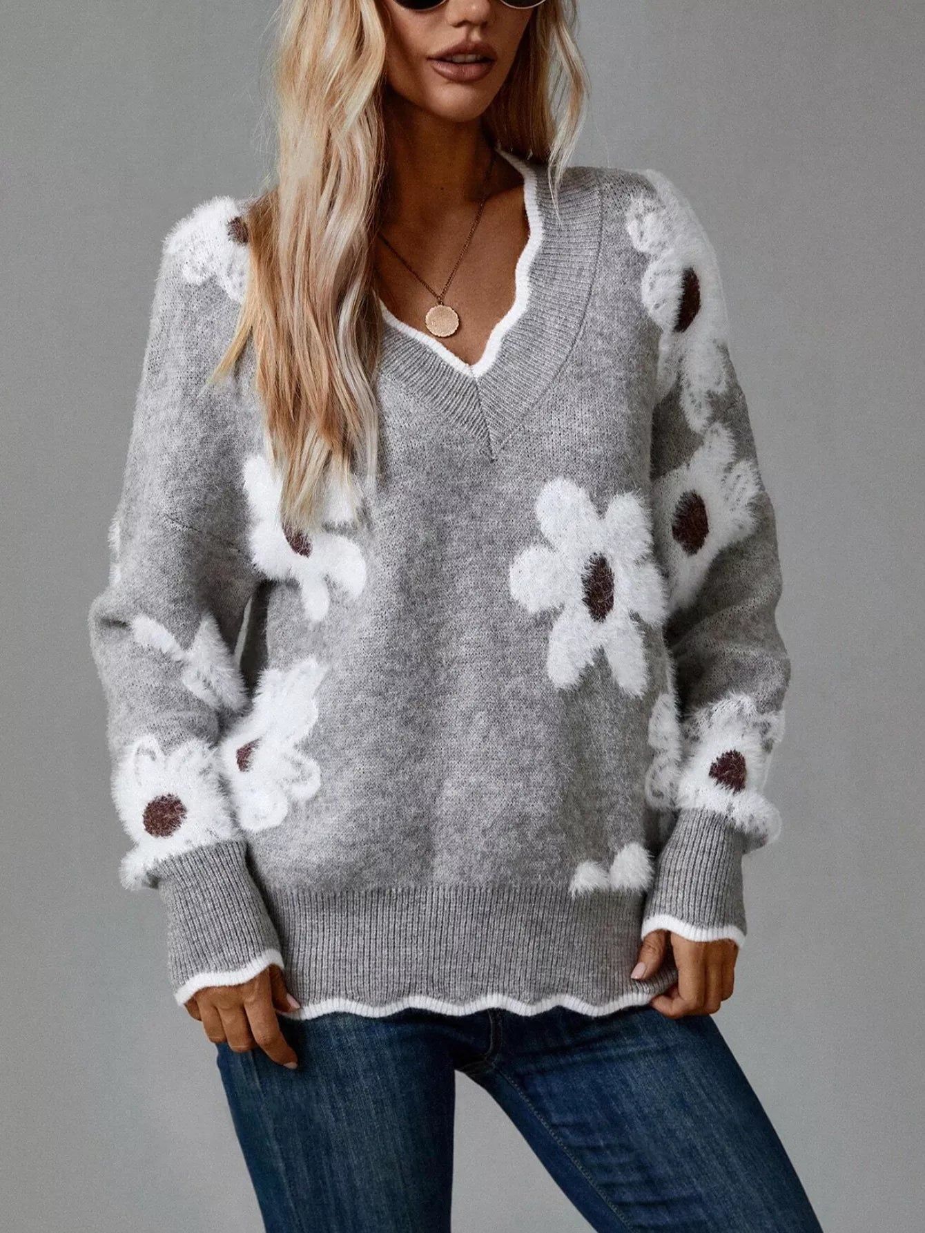 Floral V - Neck Long Sleeve Sweater - Knack'd Up