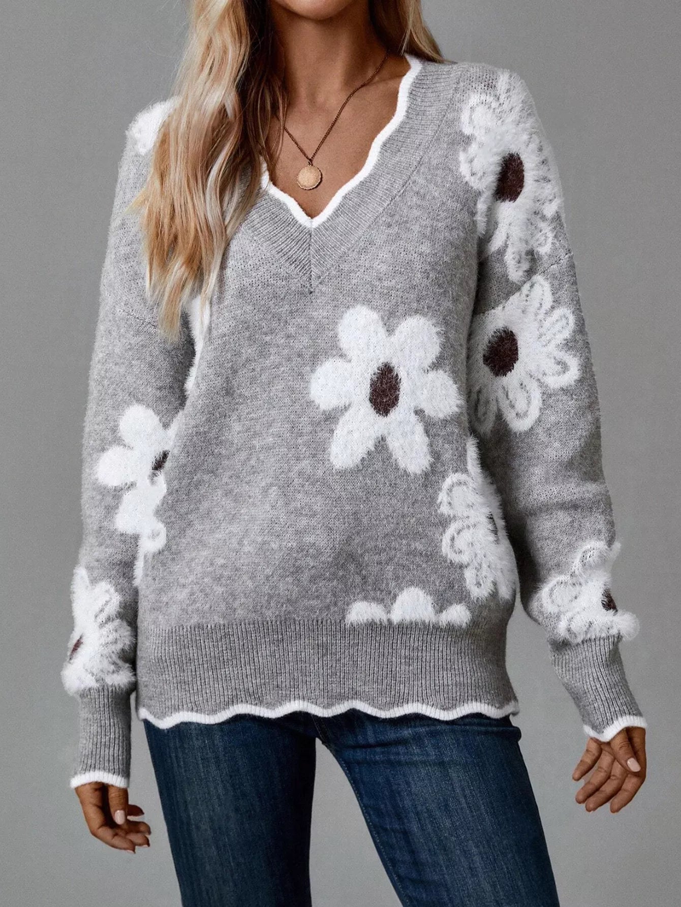 Floral V - Neck Long Sleeve Sweater - Knack'd Up
