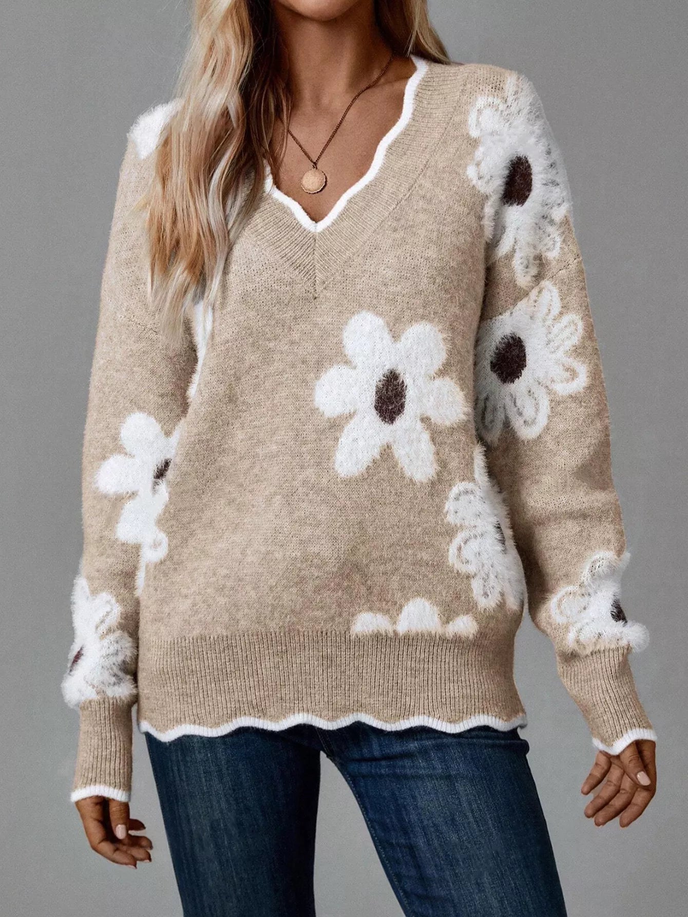 Floral V - Neck Long Sleeve Sweater - Knack'd Up