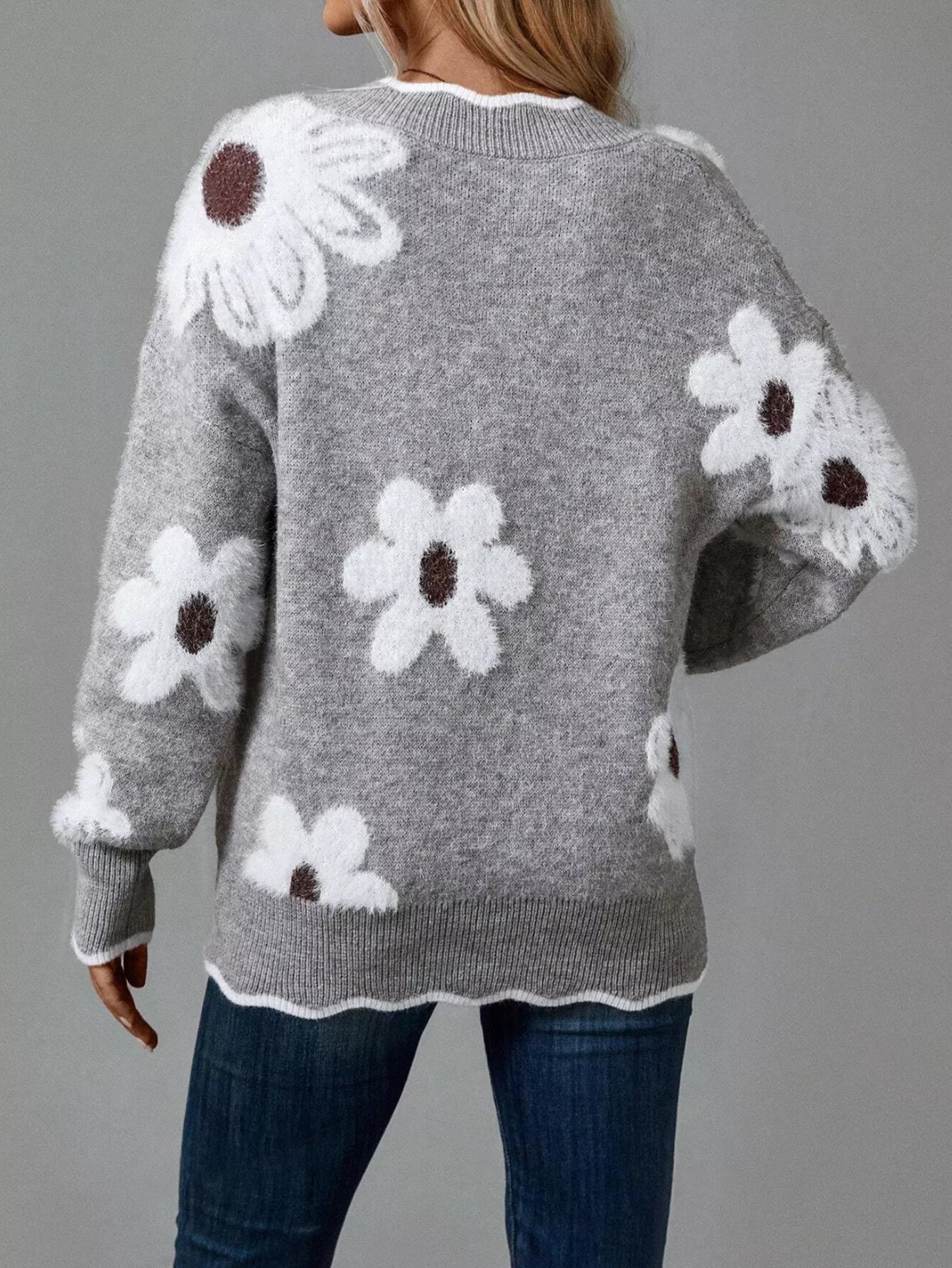 Floral V - Neck Long Sleeve Sweater - Knack'd Up