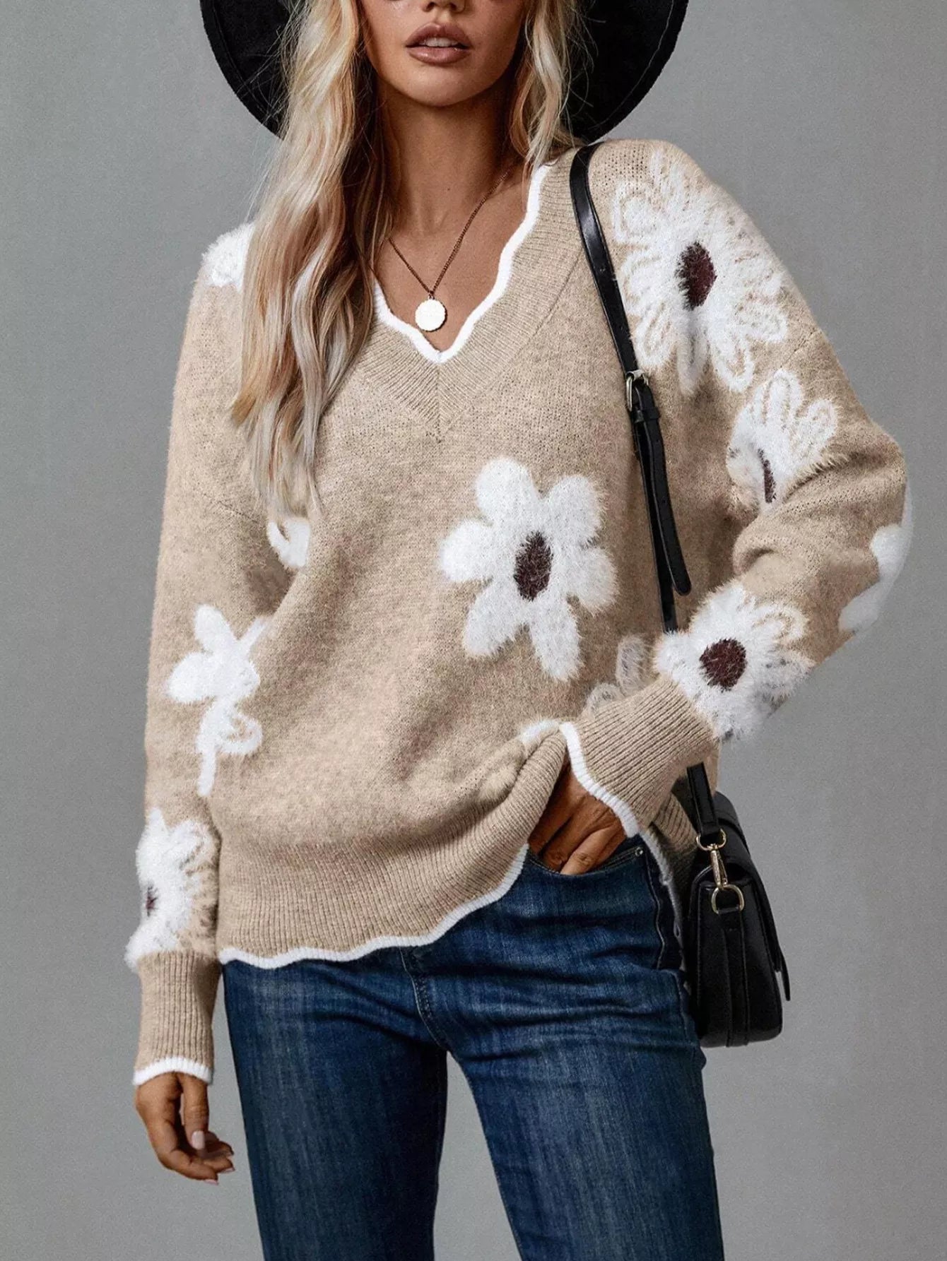 Floral V - Neck Long Sleeve Sweater - Knack'd Up