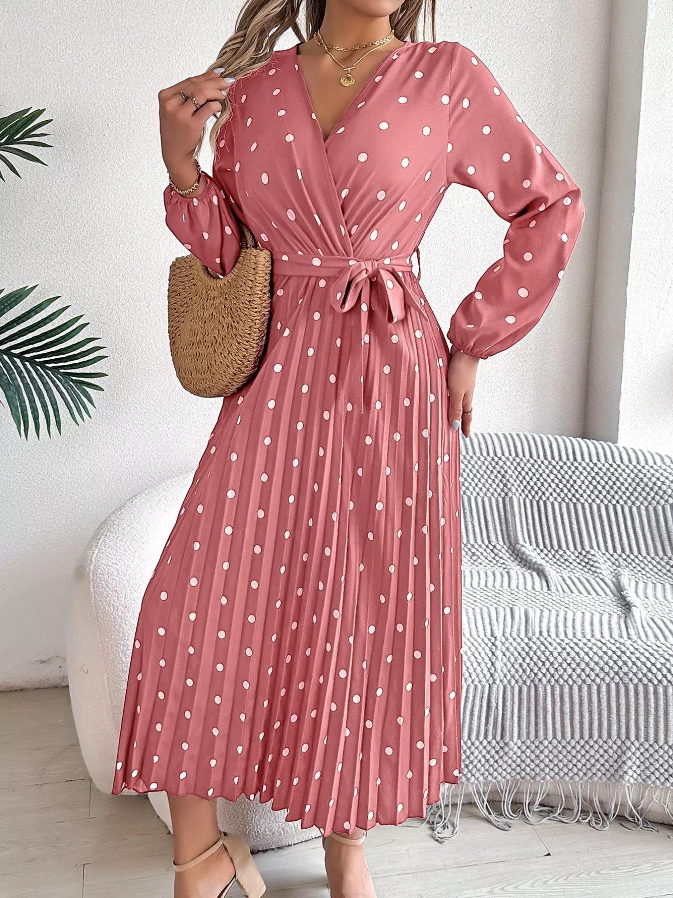 Front Tie Polka Dot Midi Pleated Dress - Knack'd Up