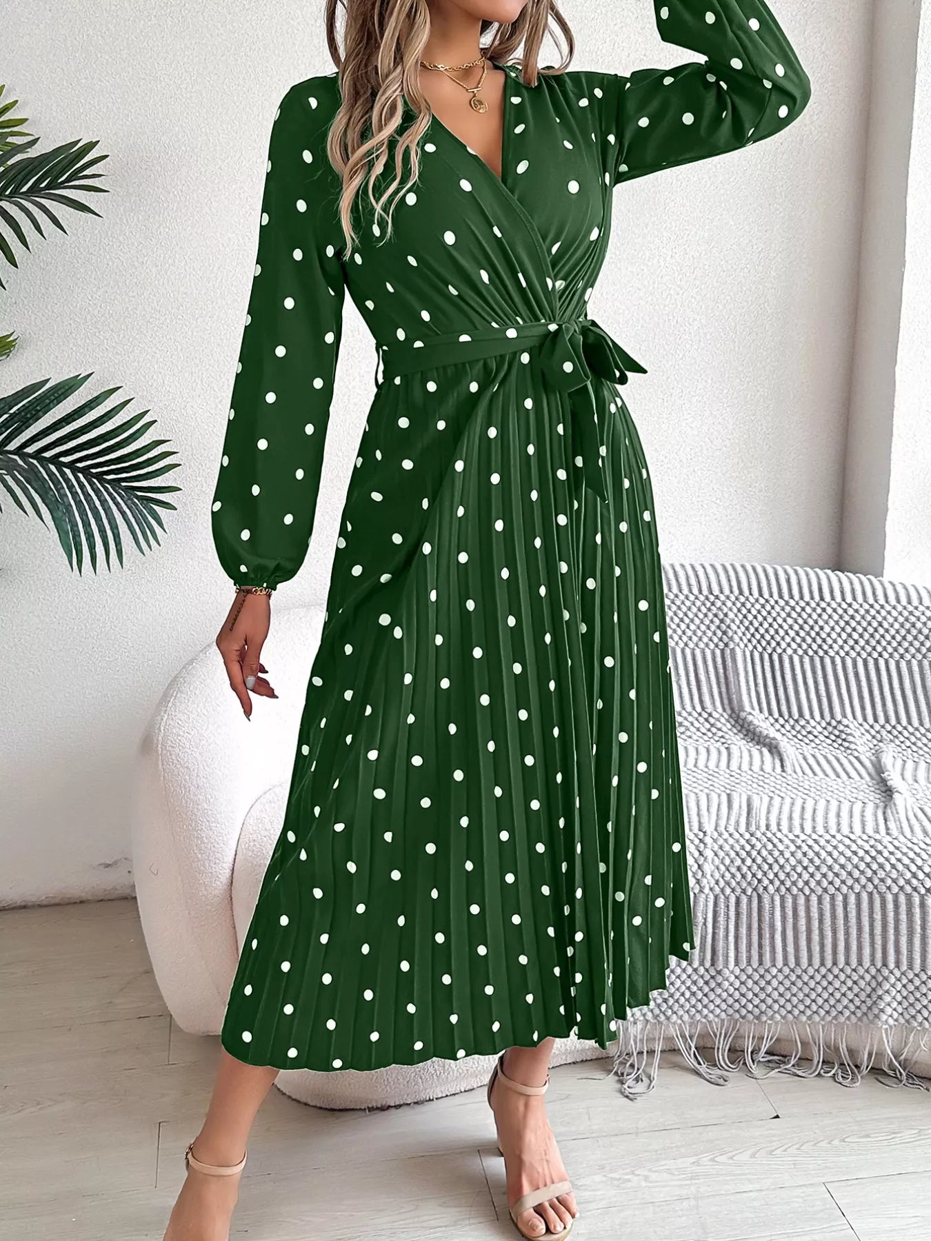 Front Tie Polka Dot Midi Pleated Dress - Knack'd Up