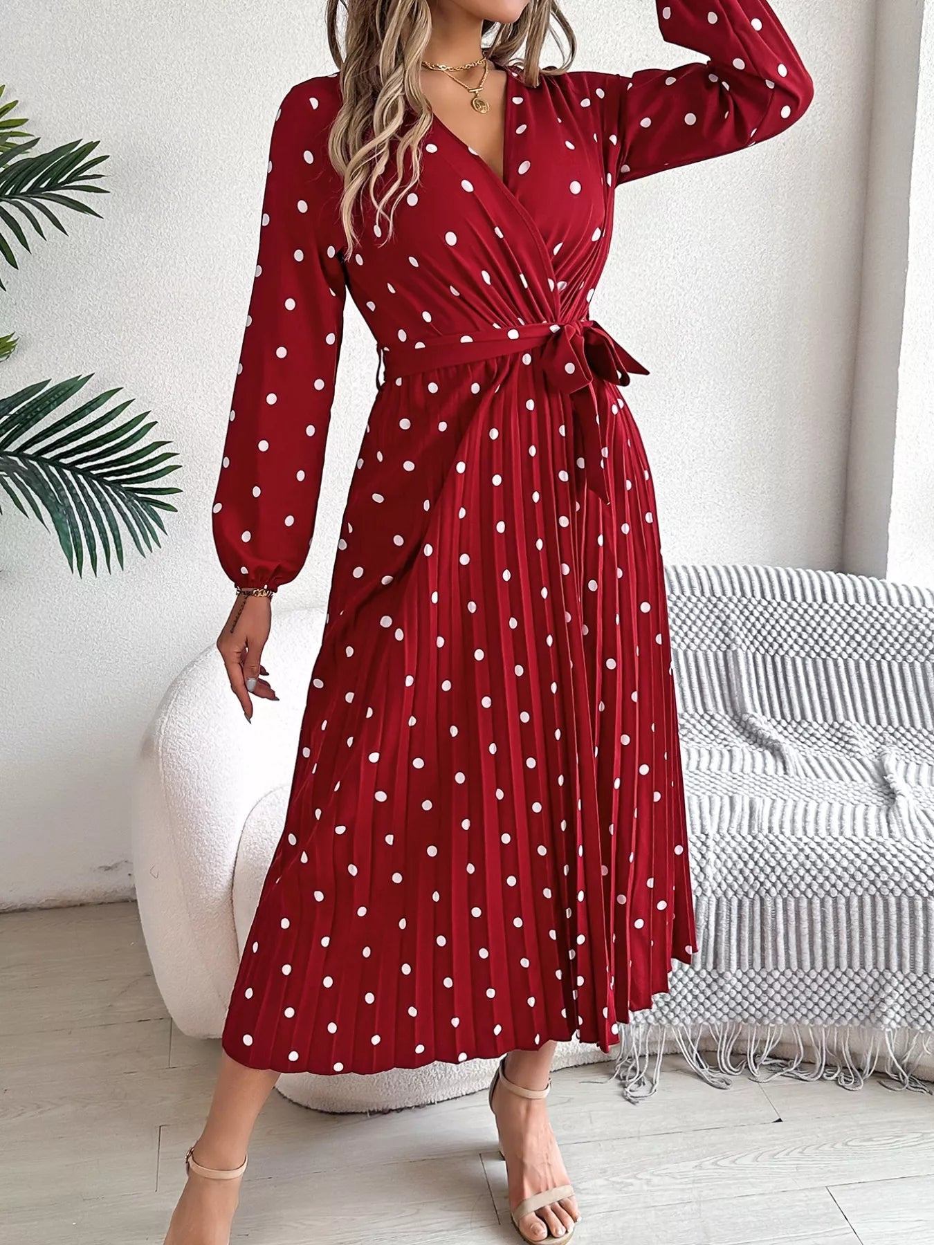 Front Tie Polka Dot Midi Pleated Dress - Knack'd Up