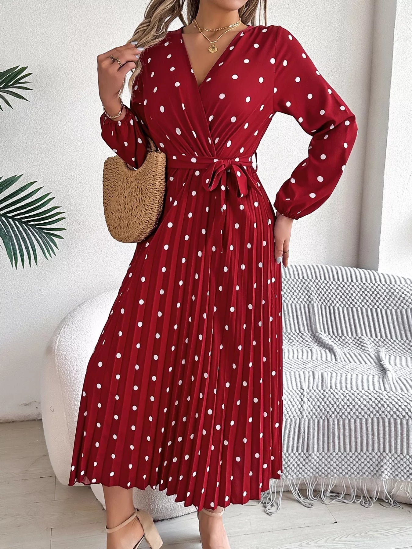 Front Tie Polka Dot Midi Pleated Dress - Knack'd Up