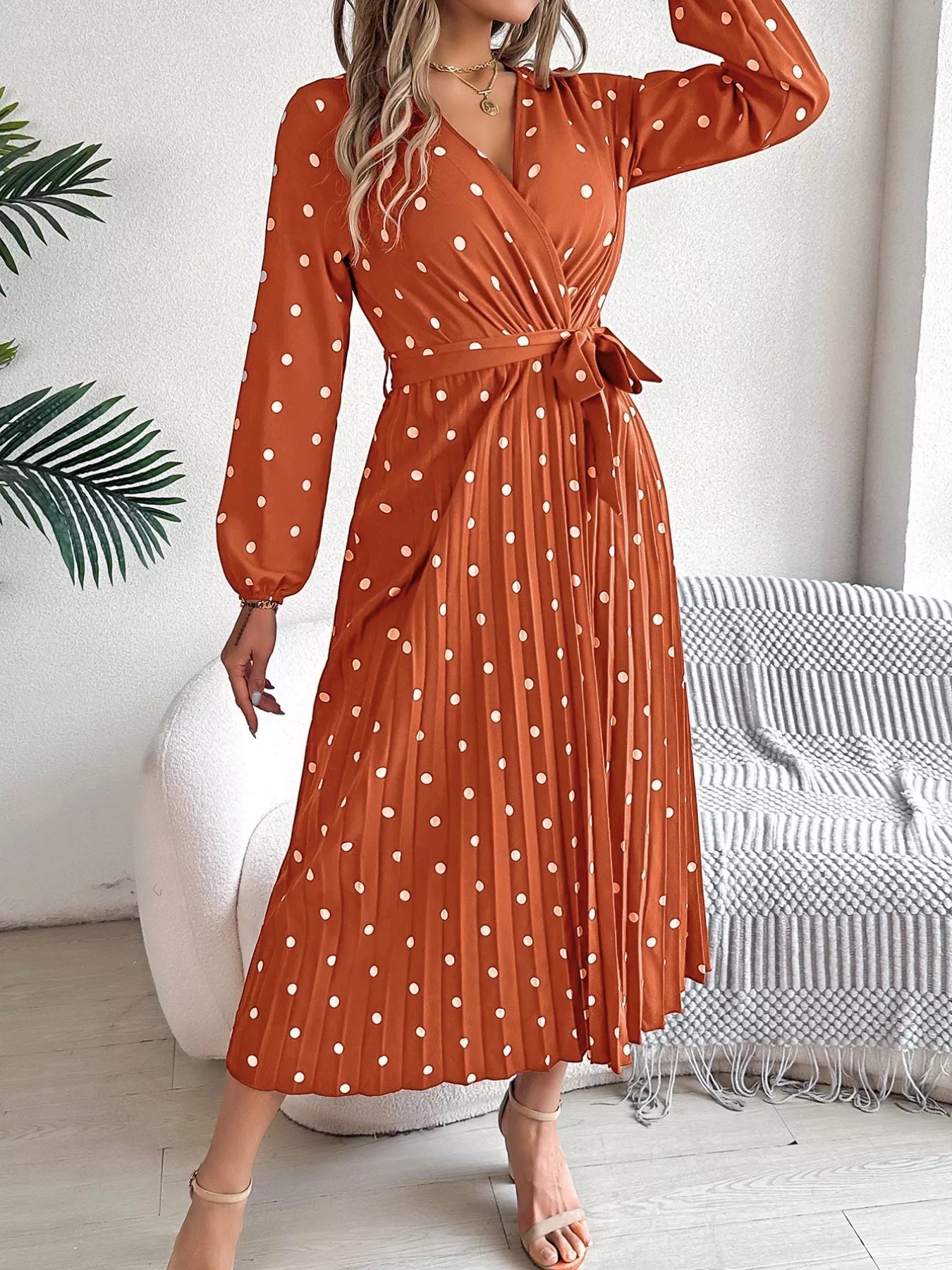 Front Tie Polka Dot Midi Pleated Dress - Knack'd Up