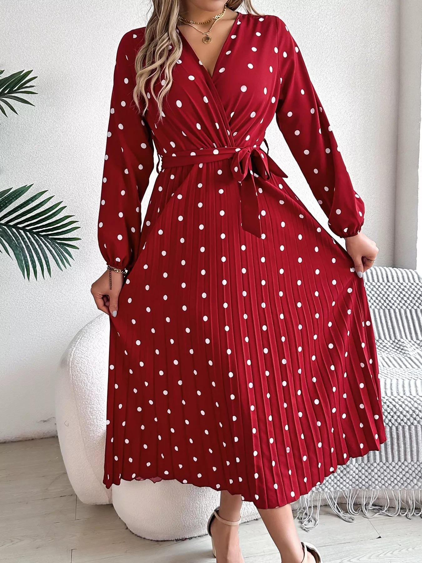 Front Tie Polka Dot Midi Pleated Dress - Knack'd Up