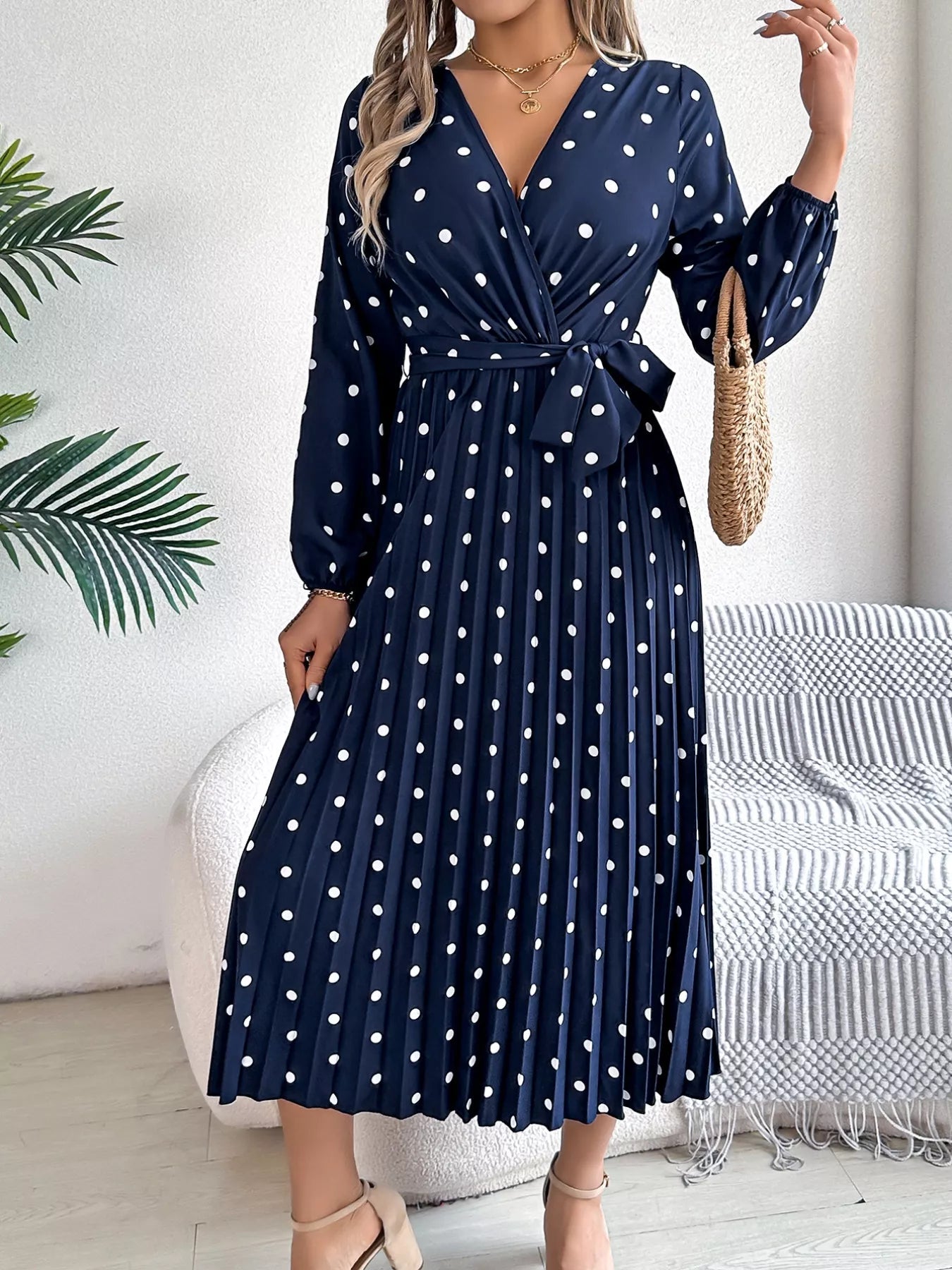 Front Tie Polka Dot Midi Pleated Dress - Knack'd Up