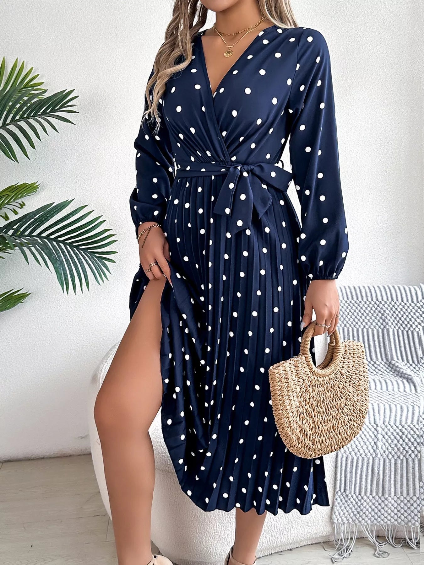 Front Tie Polka Dot Midi Pleated Dress - Knack'd Up