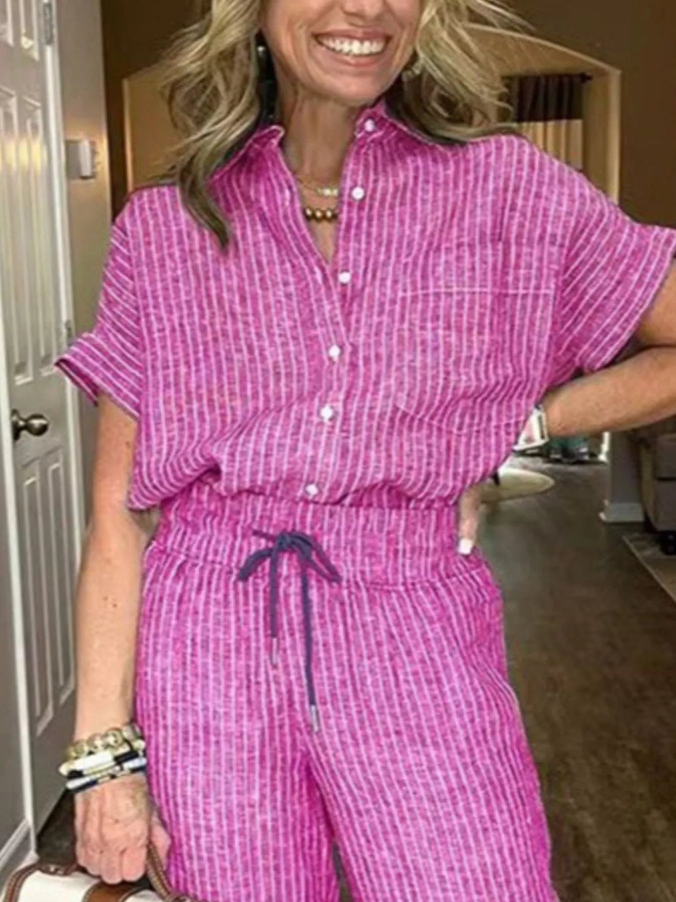 Full Size Striped Button - Up Shirt and Wide Leg Pants Casual Set Plus Size - Knack'd Up