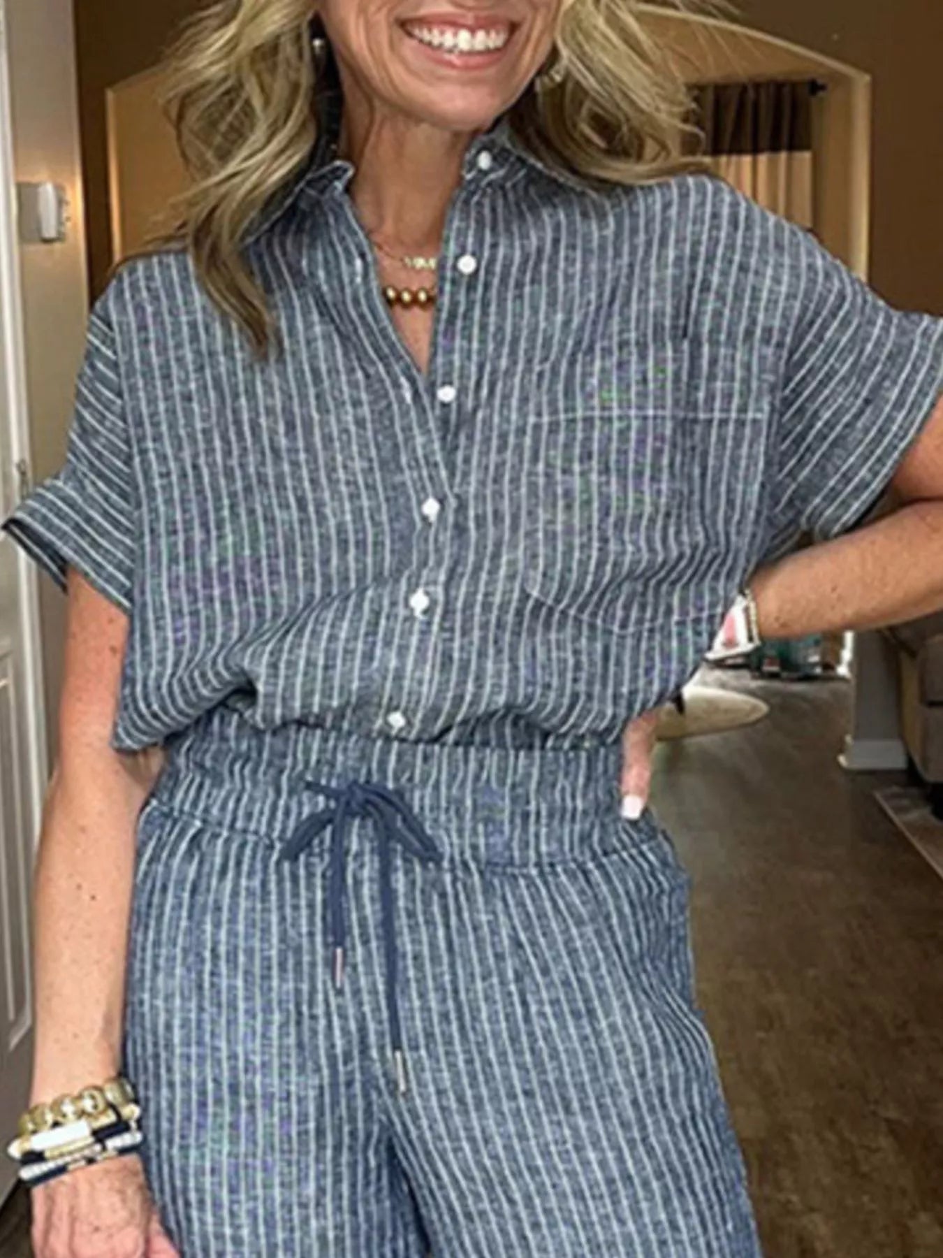 Full Size Striped Button - Up Shirt and Wide Leg Pants Casual Set Plus Size - Knack'd Up