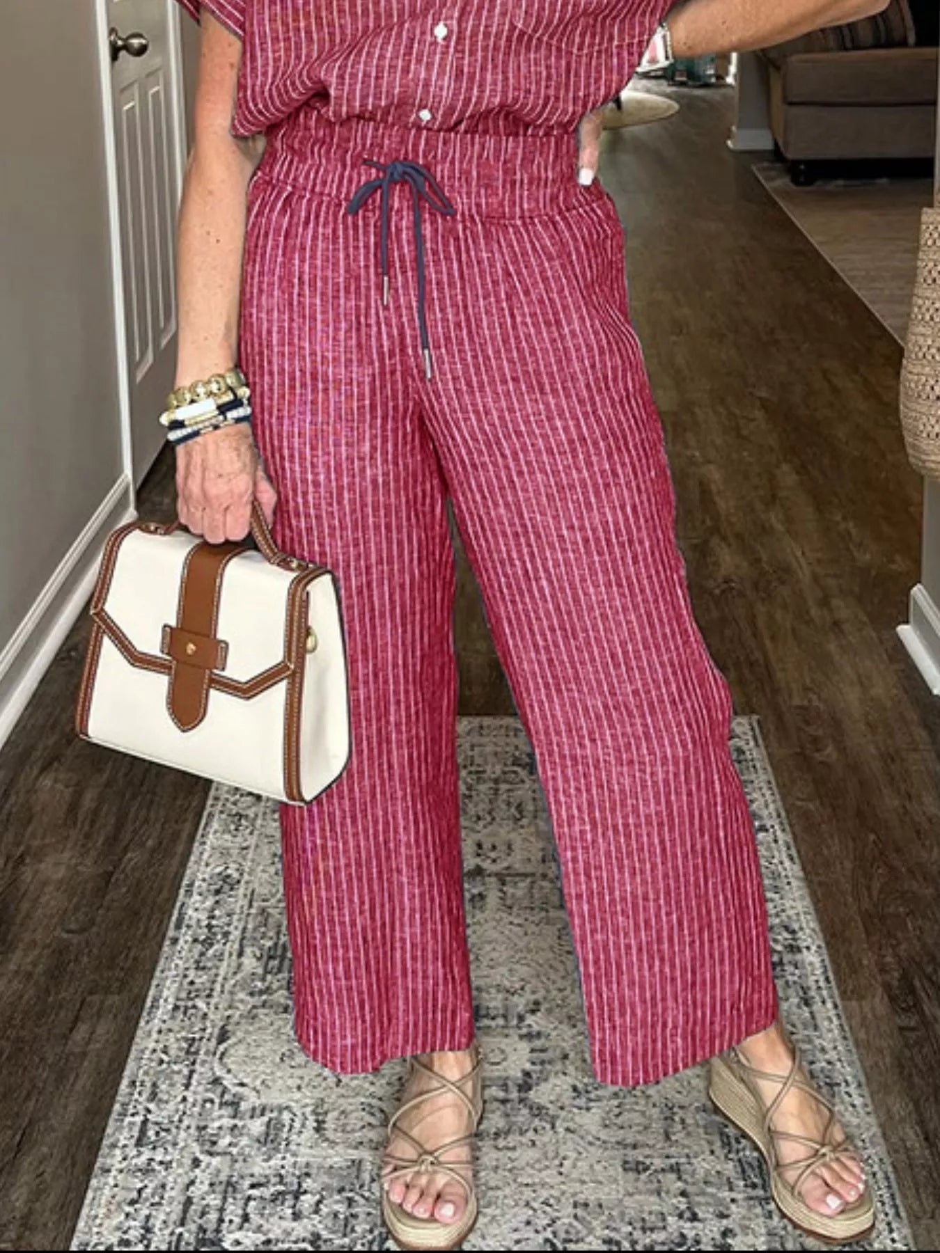 Full Size Striped Button - Up Shirt and Wide Leg Pants Casual Set Plus Size - Knack'd Up