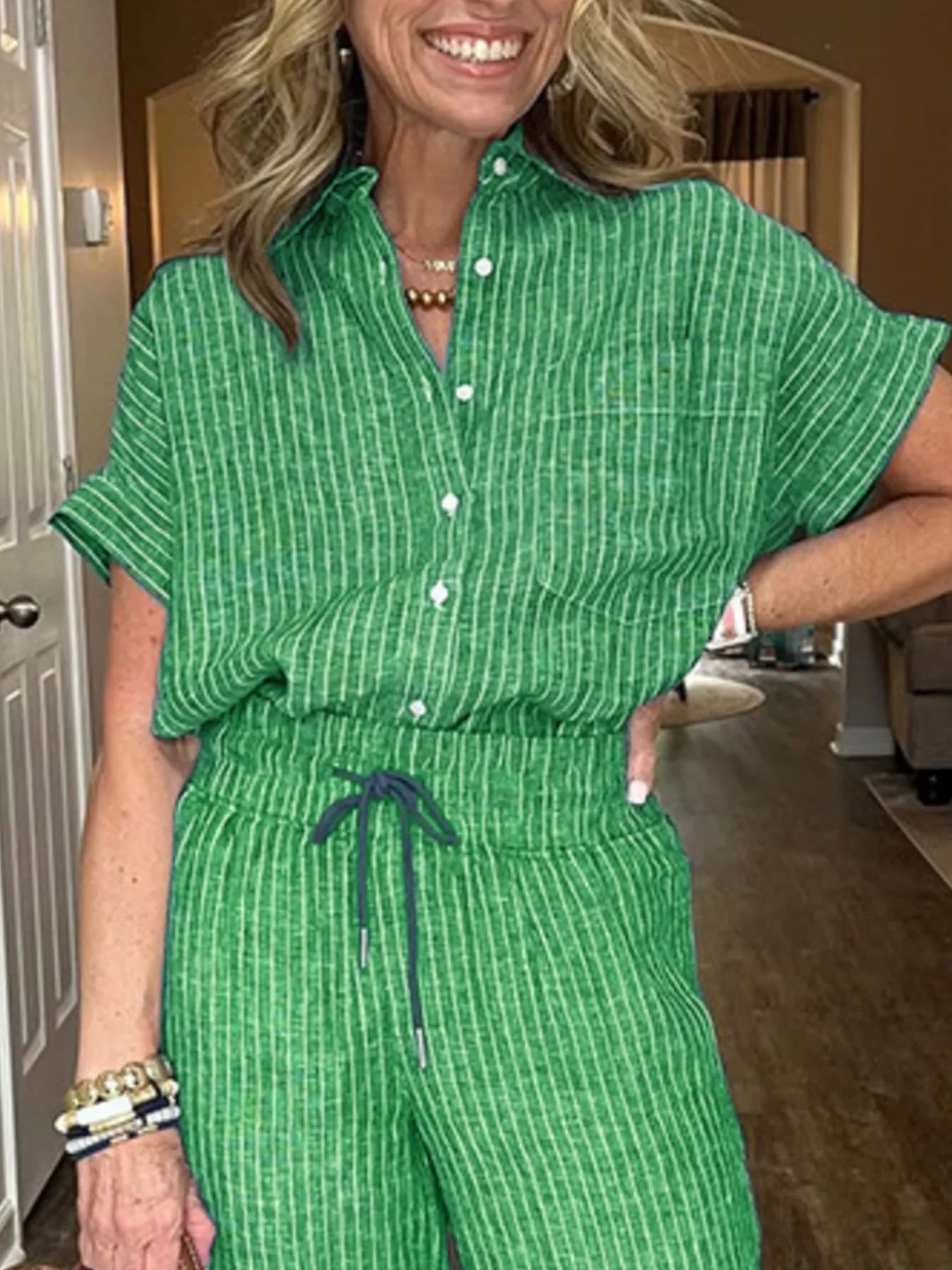 Full Size Striped Button - Up Shirt and Wide Leg Pants Casual Set Plus Size - Knack'd Up