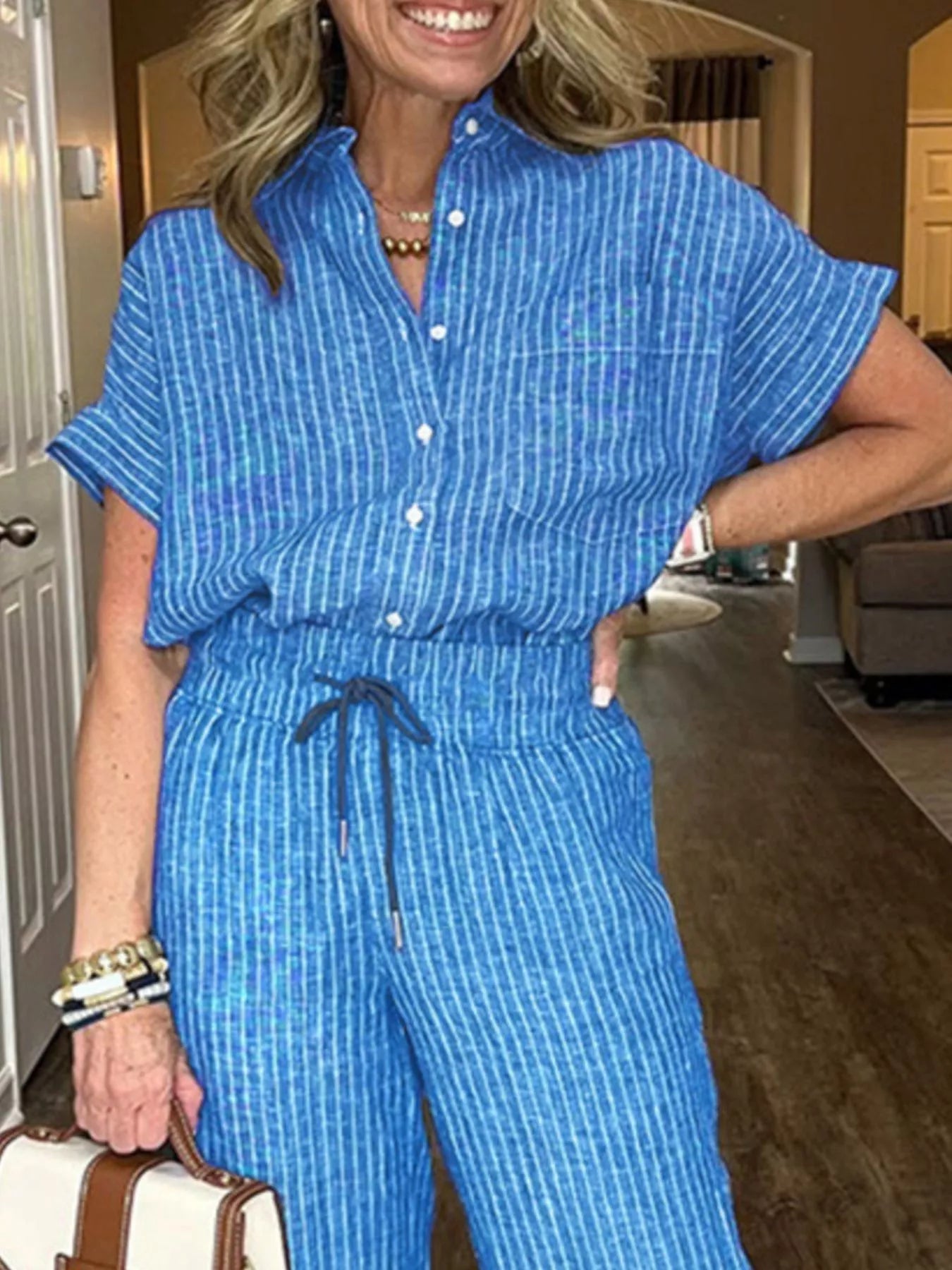 Full Size Striped Button - Up Shirt and Wide Leg Pants Casual Set Plus Size - Knack'd Up