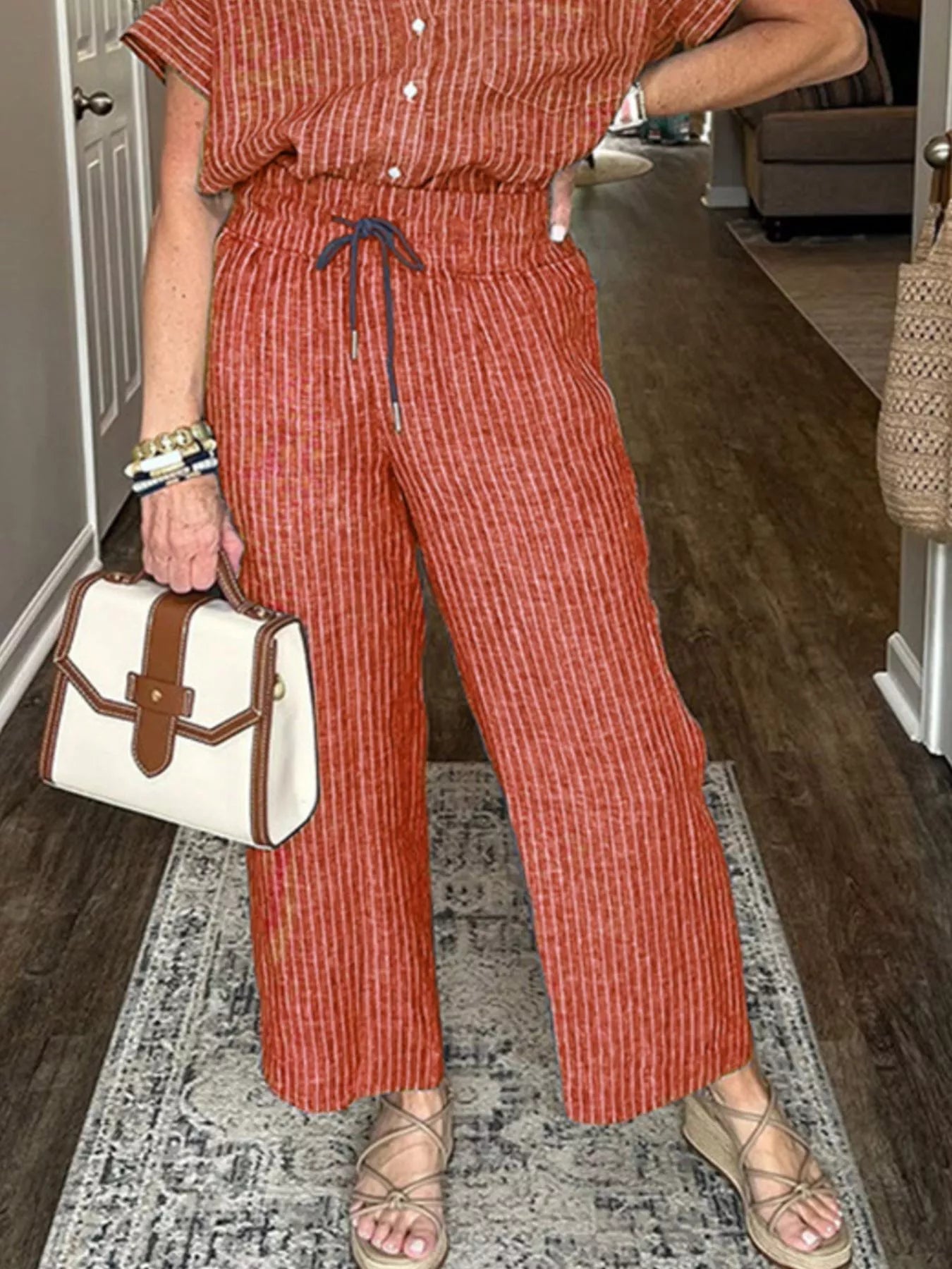 Full Size Striped Button - Up Shirt and Wide Leg Pants Casual Set Plus Size - Knack'd Up