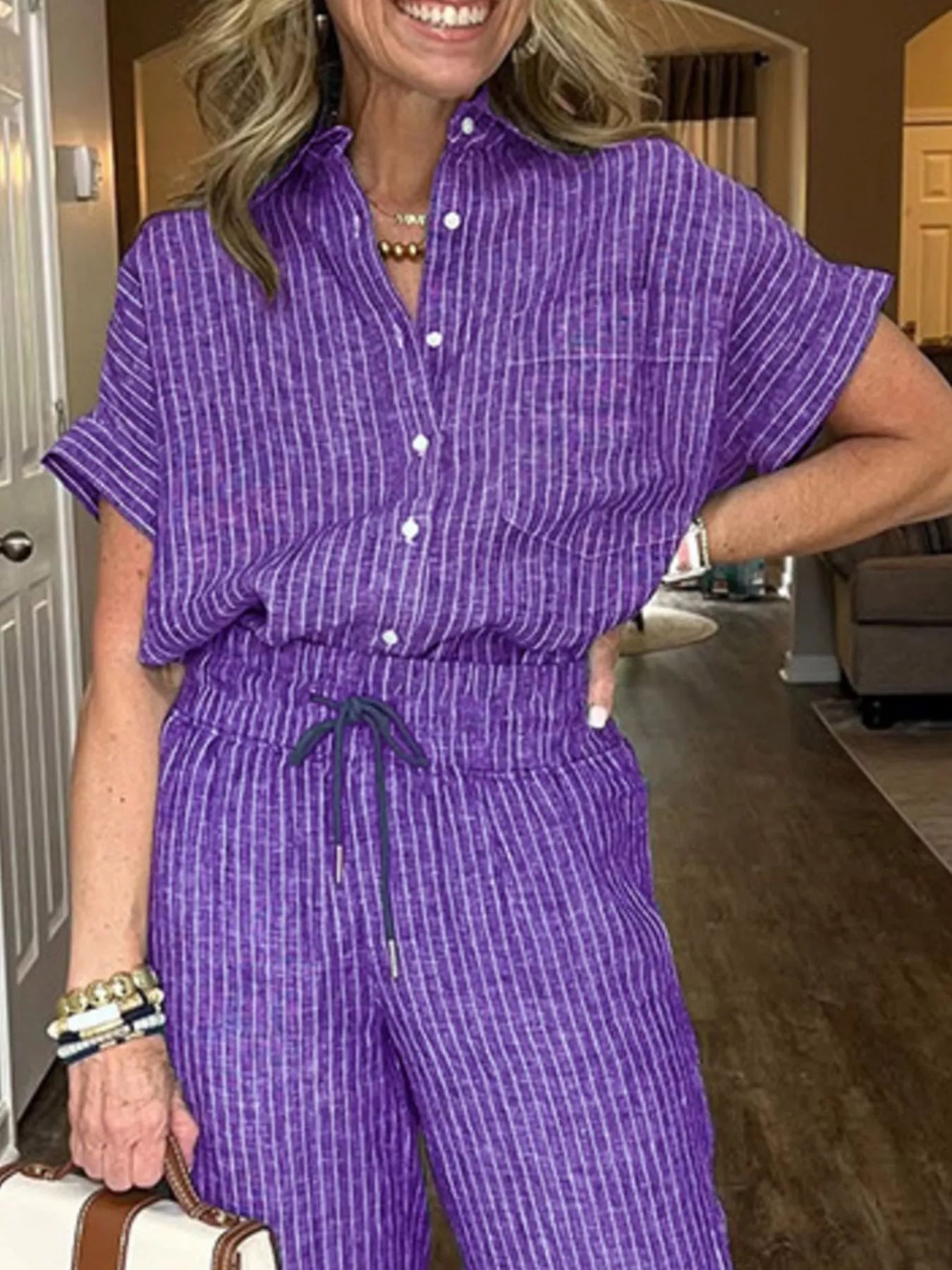 Full Size Striped Button - Up Shirt and Wide Leg Pants Casual Set Plus Size - Knack'd Up