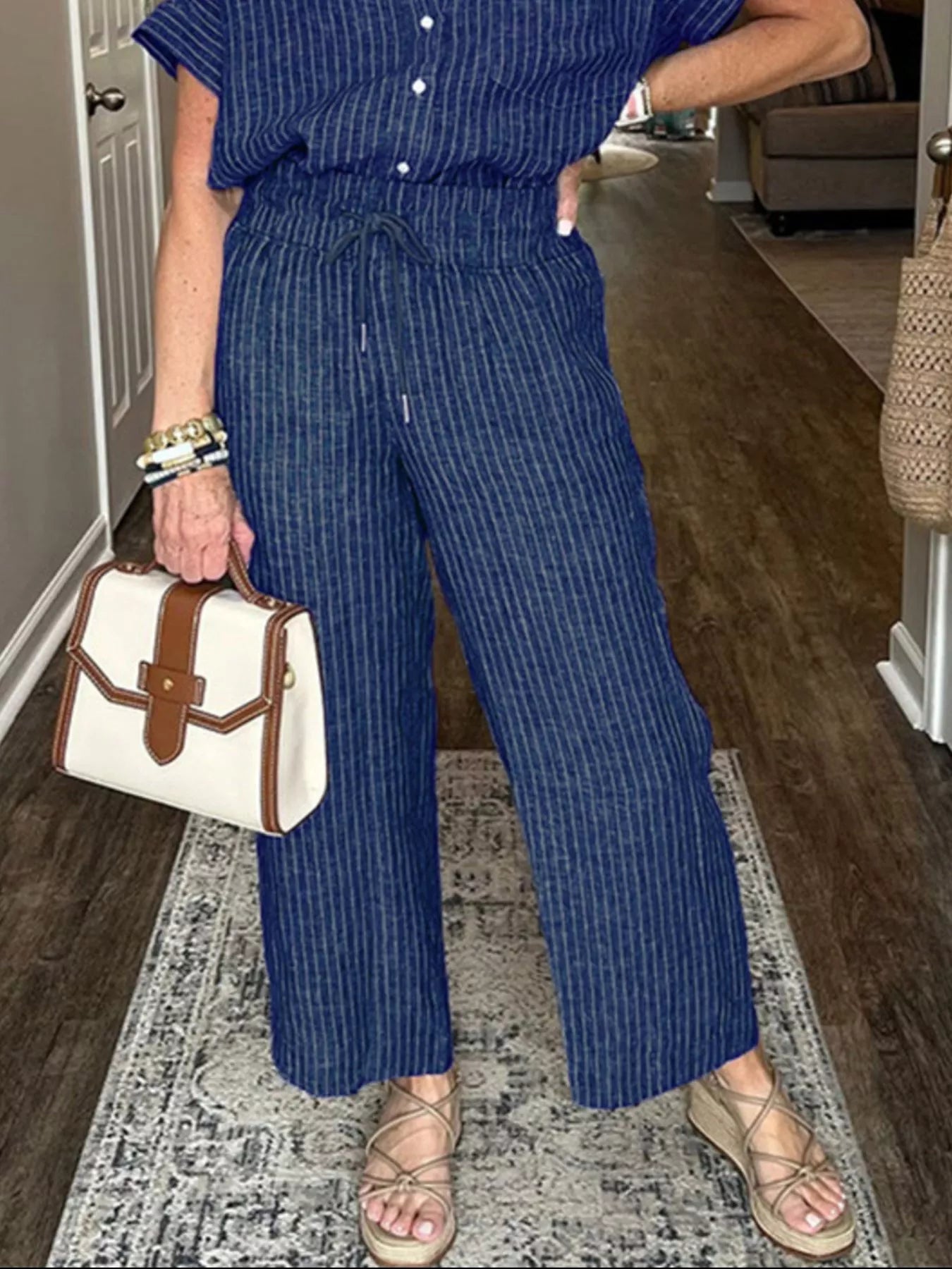 Full Size Striped Button - Up Shirt and Wide Leg Pants Casual Set Plus Size - Knack'd Up