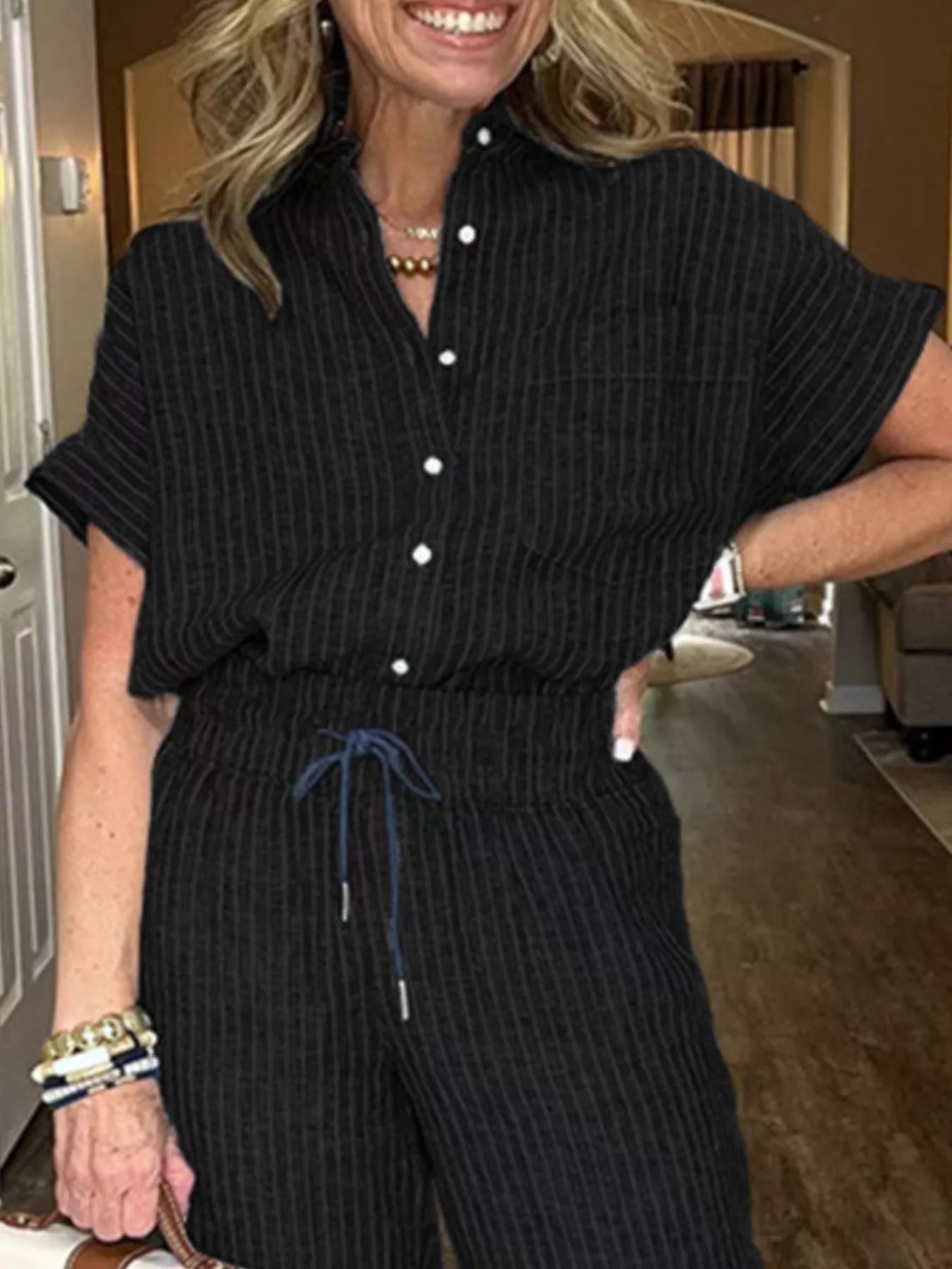 Full Size Striped Button - Up Shirt and Wide Leg Pants Casual Set Plus Size - Knack'd Up