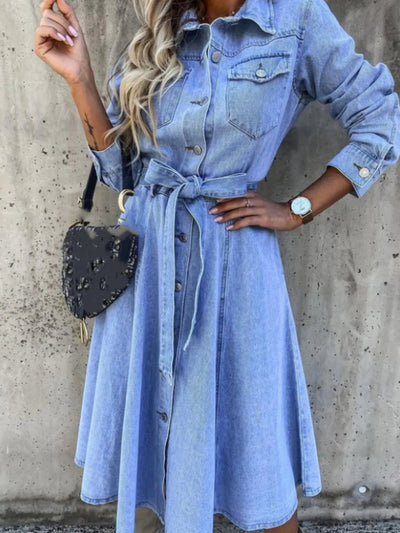 Full Size Tie Waist Button Front Denim Shirt Dress Plus Size - Knack'd Up