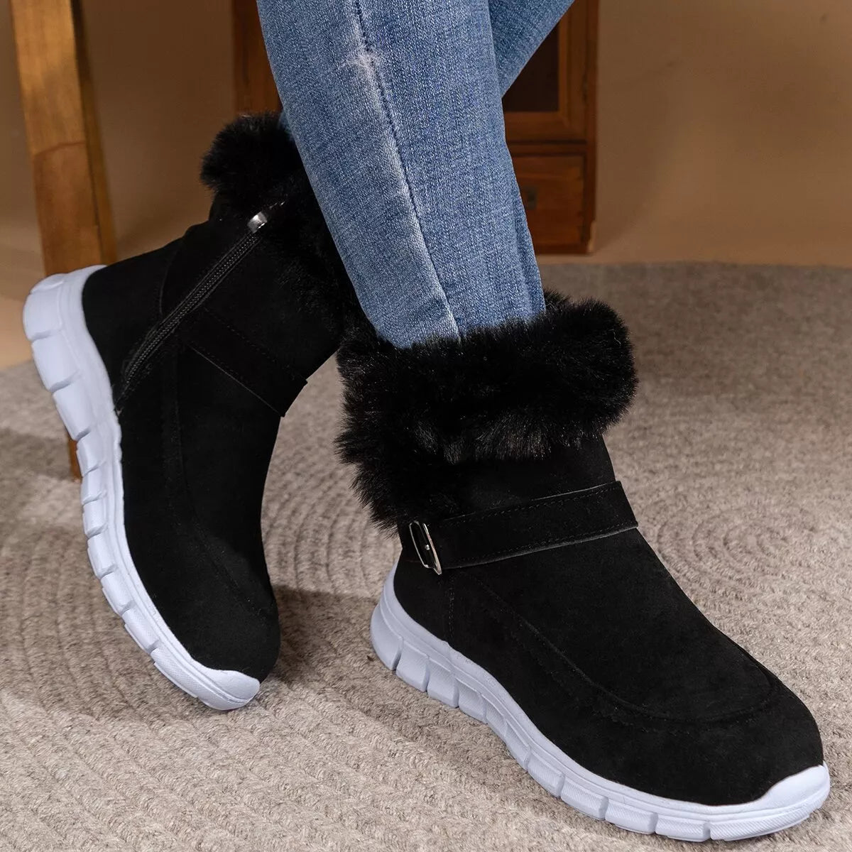 Fuzzy Trim Buckle Boots - Knack'd Up