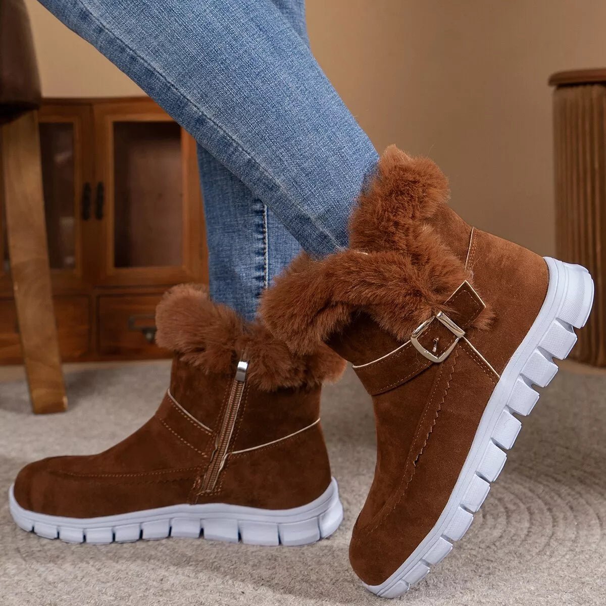 Fuzzy Trim Buckle Boots - Knack'd Up