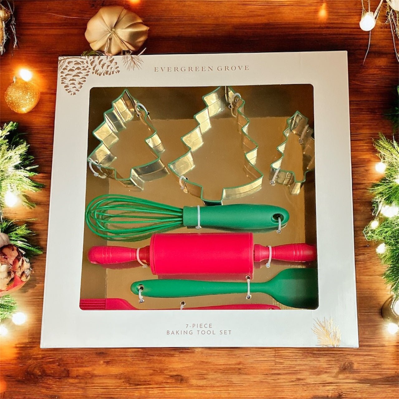 Holiday Baking Tool Set – 7 - Piece Christmas Cookie Making Kit with Tree Cookie Cutters, Rolling Pin, Whisk, Spatula & Pastry Brush | Kids & Family Baking Gift - Knack'd Up