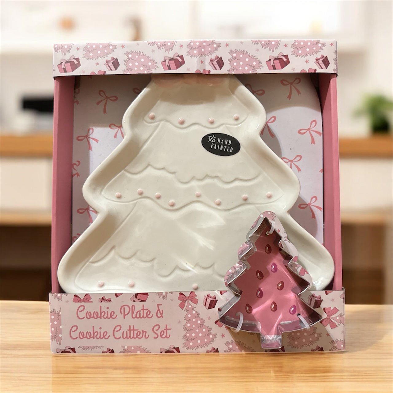 Holiday Christmas Tree Cookie Plate & Cutter Set – Hand - Painted Ceramic Serving Plate + Cookie Cutter Gift Set - Knack'd Up