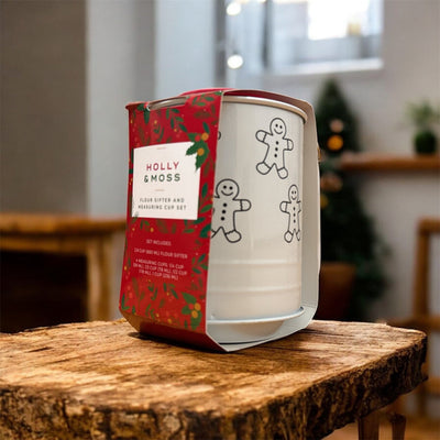 Holiday Flour Sifter & Measuring Cup Set – Christmas Baking Essentials with Whisk | Gingerbread & Festive Print Kitchen Gift Set - Knack'd Up