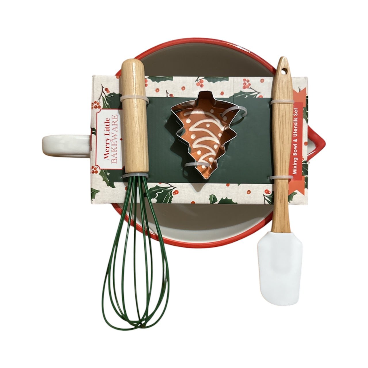 Holiday Mixing Bowl & Utensils Set – Merry Little Bakeware, Christmas Baking Gift Set with Silicone Spatula, Whisk & Cookie Cutter - Knack'd Up