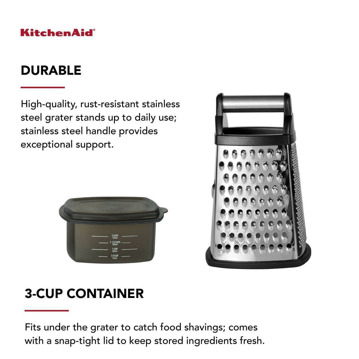KitchenAid Gourmet 4 - Sided Box Grater – Stainless Steel Cheese, Vegetable & Zester Grater with Ergonomic Handle - Knack'd Up