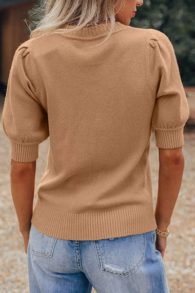 Knit Short Puff Sleeve Sweater - Knack'd Up