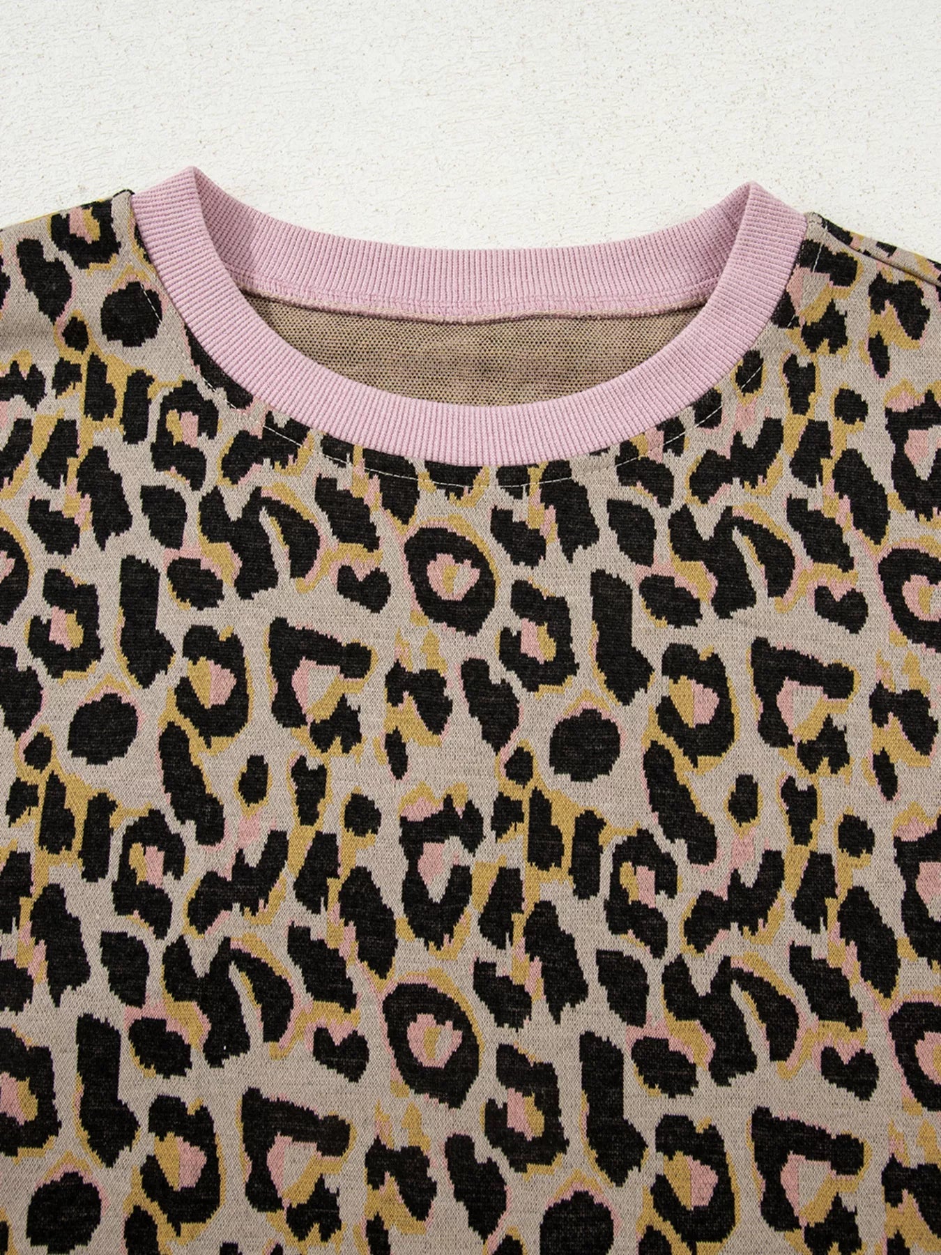 Leopard Print Contrast Edge Long Sleeve Pullover Shorts Set - Knack'd Up