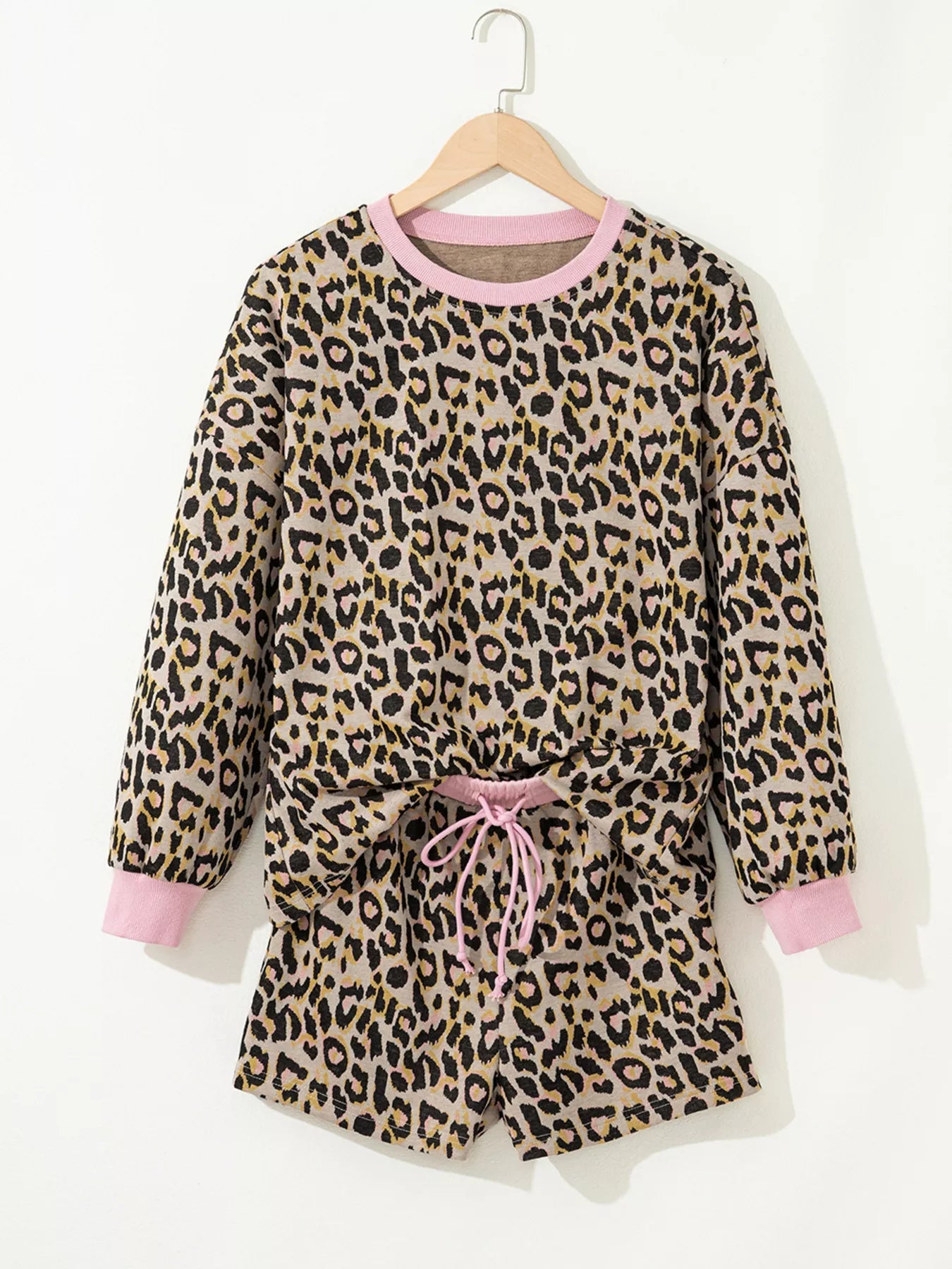 Leopard Print Contrast Edge Long Sleeve Pullover Shorts Set - Knack'd Up
