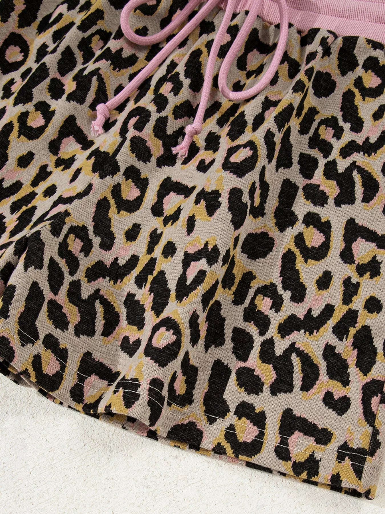 Leopard Print Contrast Edge Long Sleeve Pullover Shorts Set - Knack'd Up