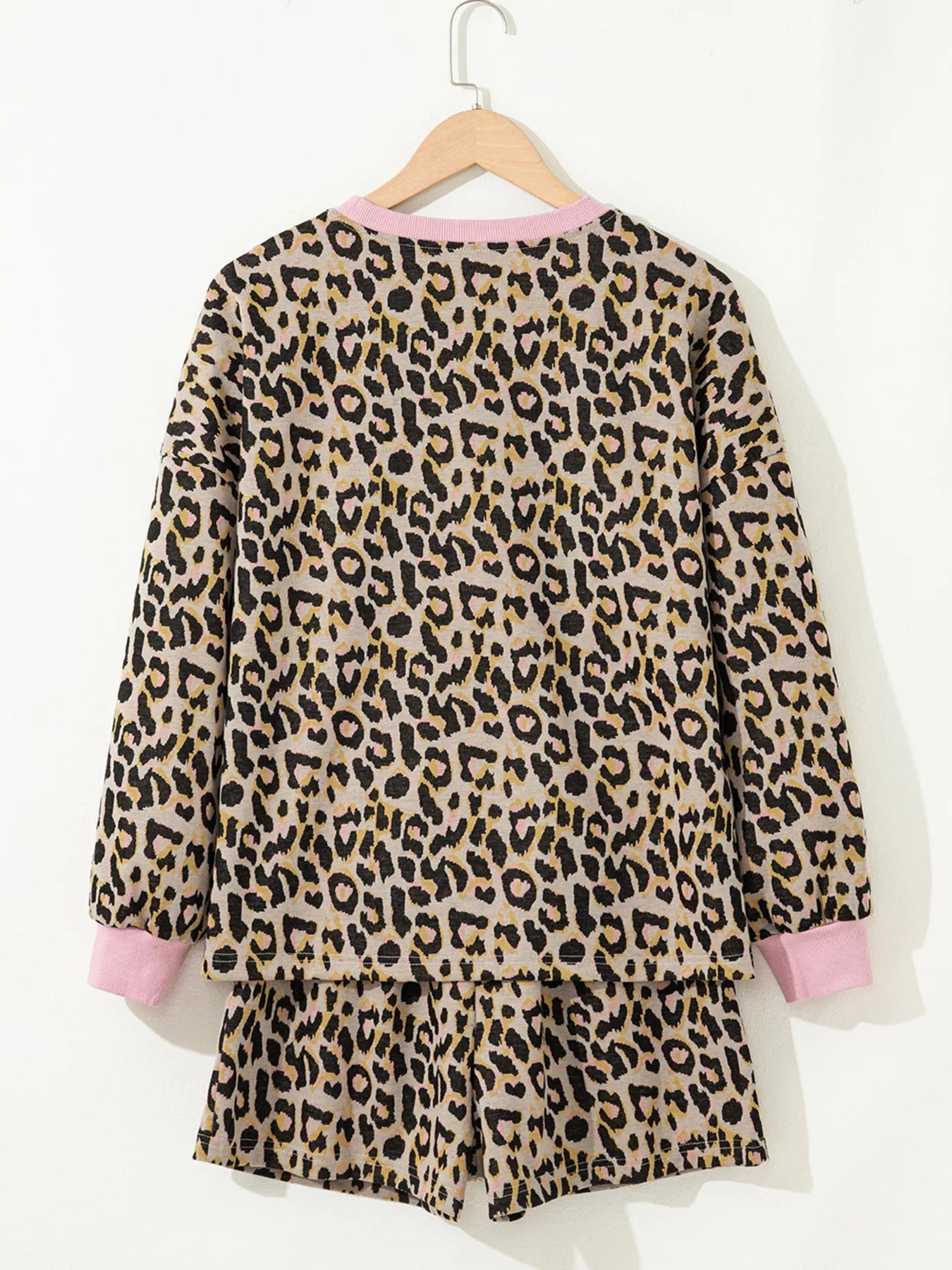Leopard Print Contrast Edge Long Sleeve Pullover Shorts Set - Knack'd Up