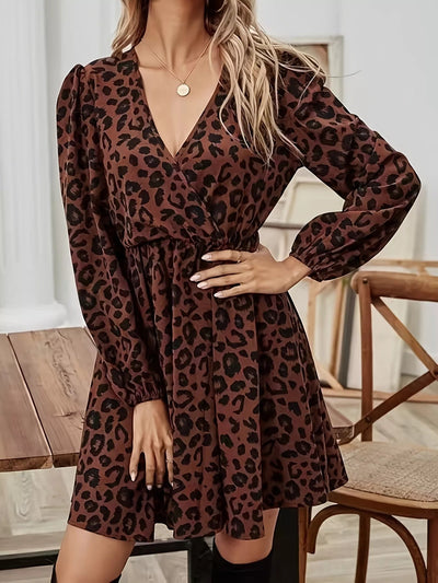 Leopard Print V - Neck Long Sleeve Mini Dress - Knack'd Up
