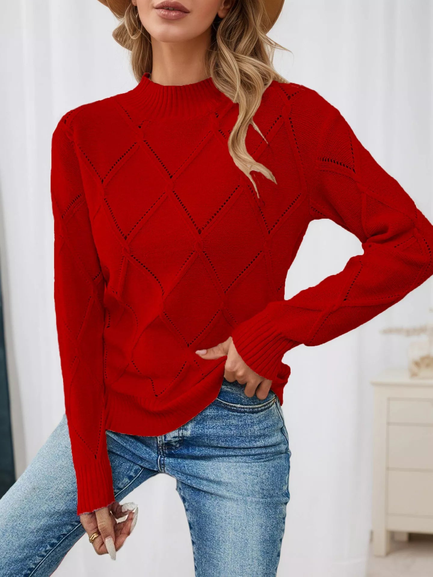 Long Sleeve Diamond Eyelet Knit Top - Knack'd Up