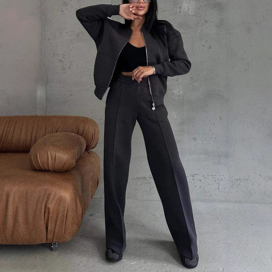 Luxe Lounge Zip Set – Two - Piece Relaxed Tracksuit with Wide - Leg Pants - Knack'd Up